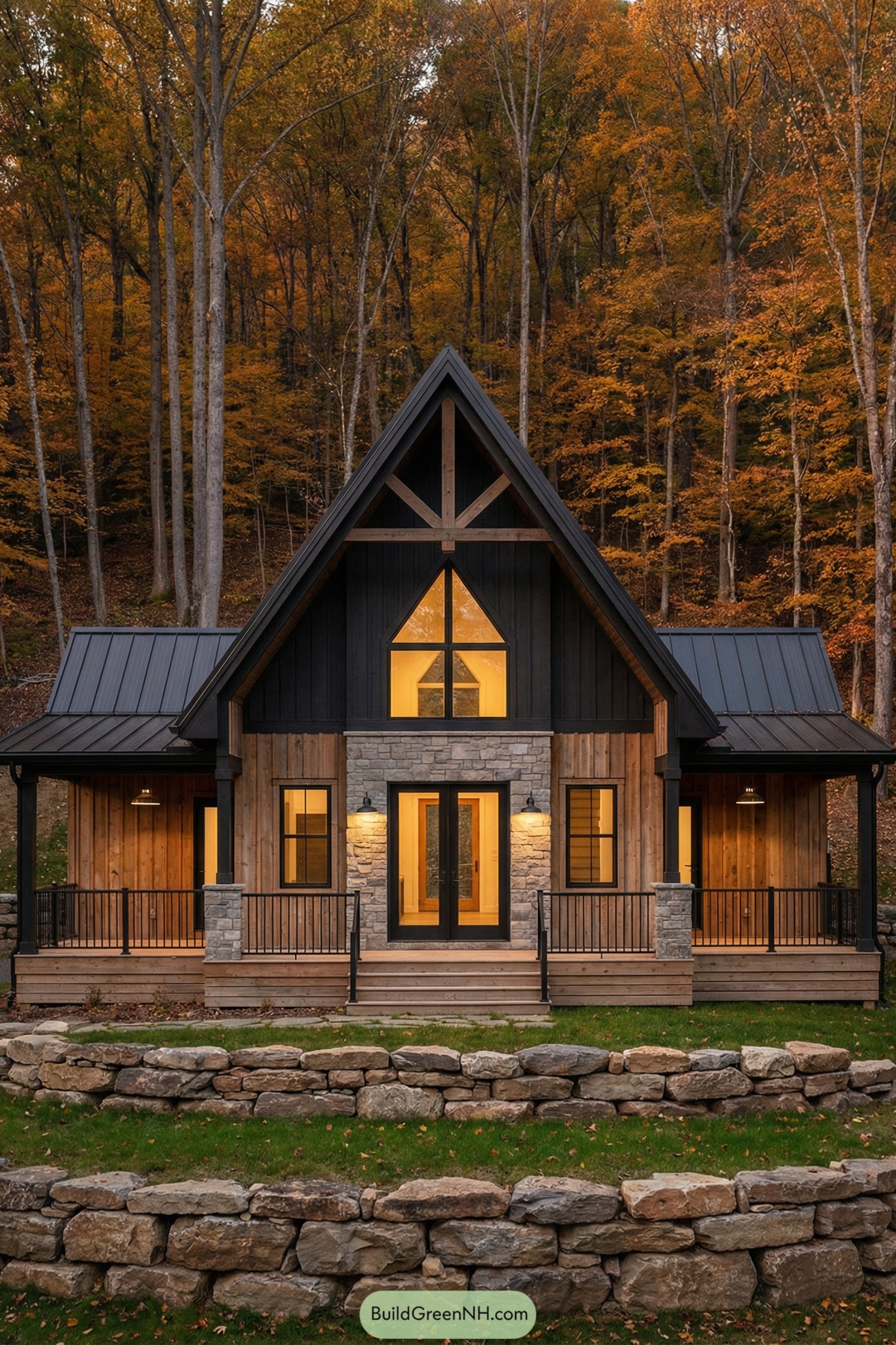 Modern A-frame forest cabin with stone and wood facade glowing warmly at dusk