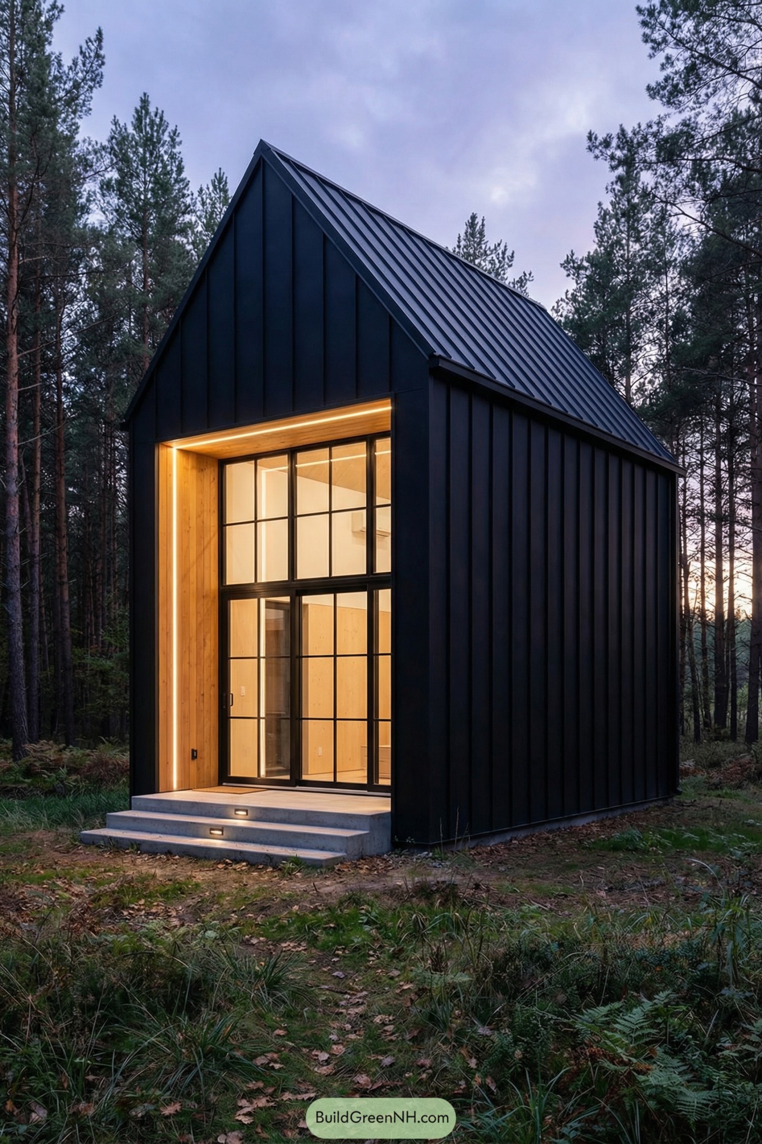 Black metal-clad cabin with tall glass facade glowing in a wooded clearing at dusk