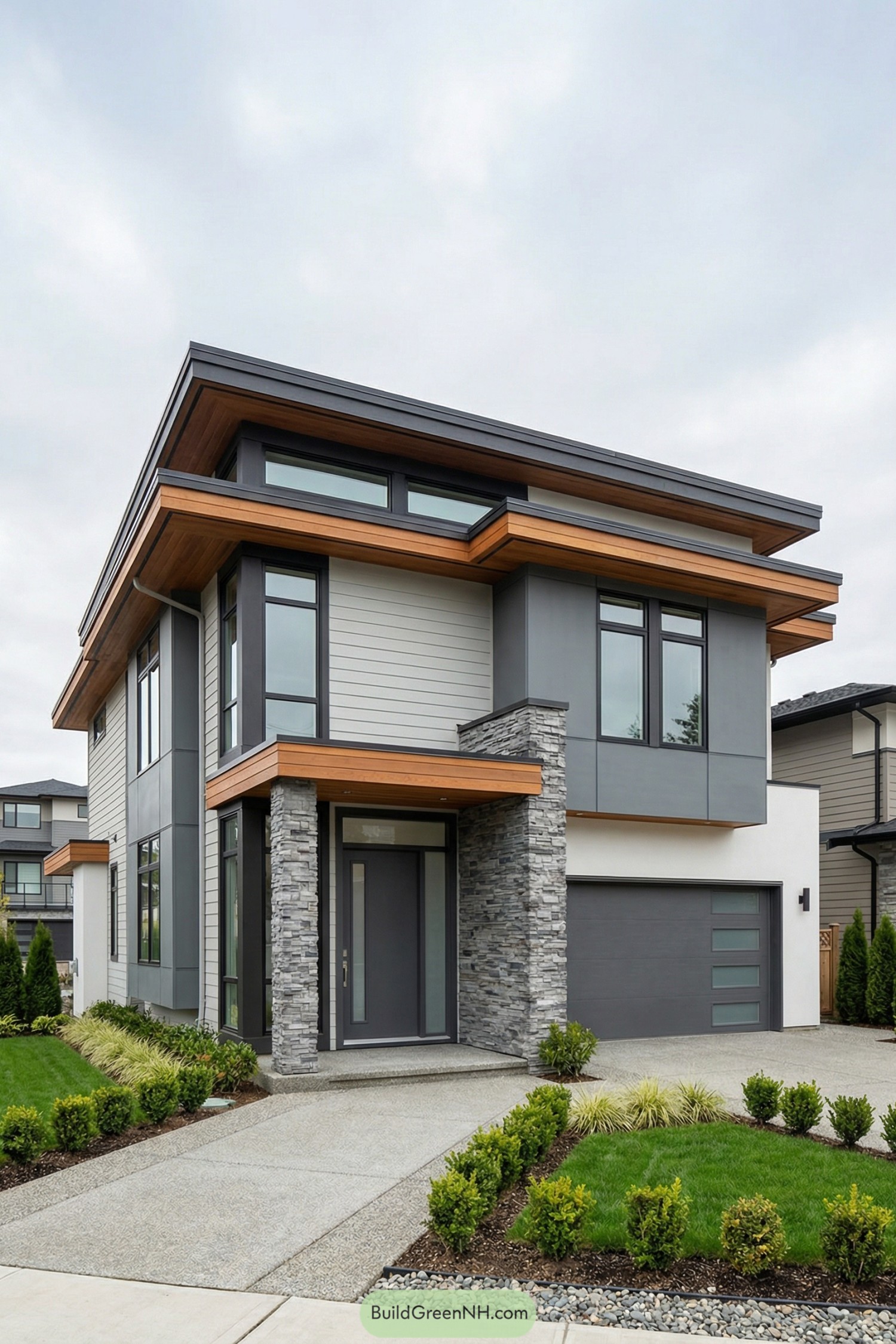 Modern two-story gray house with stone, large windows, and warm wood overhangs