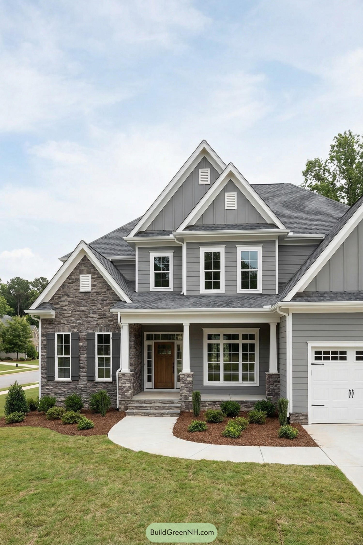 Two-story grey house with gables and stone accents