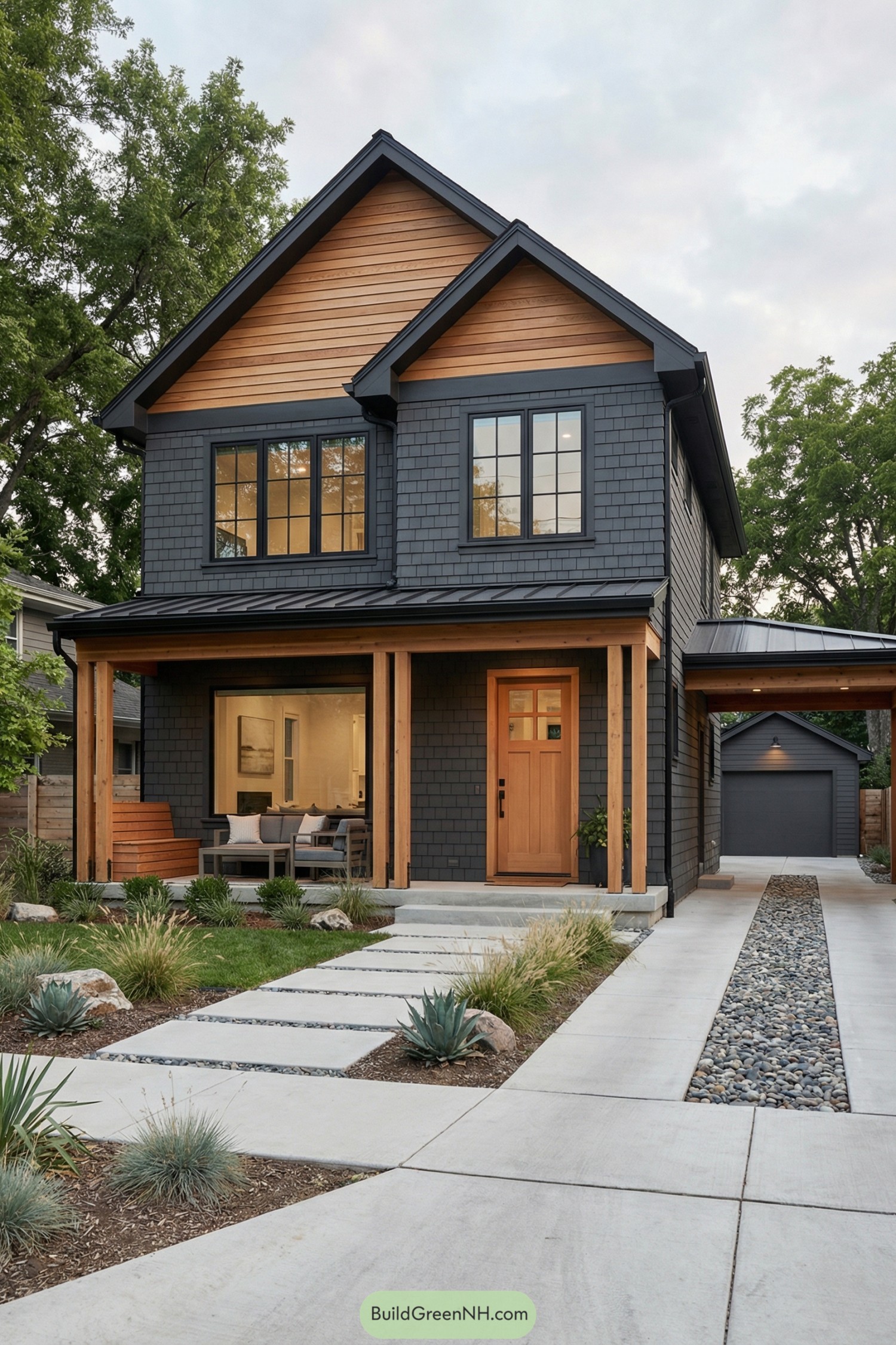 Two-story grey house with warm wood accents and modern landscaping
