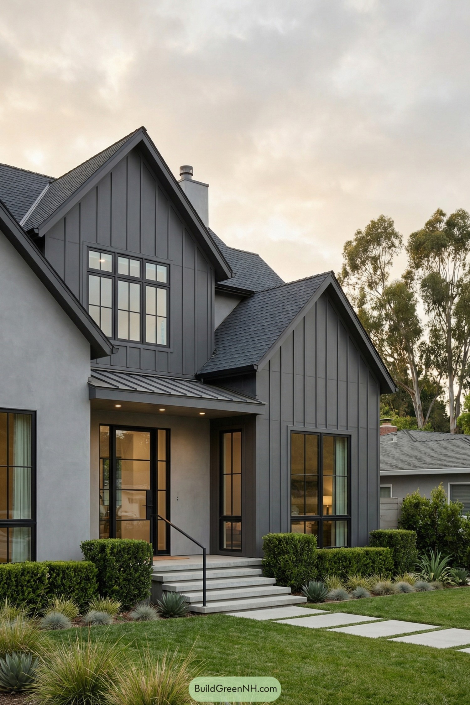Modern grey gabled house with tall black-framed windows and manicured front yard