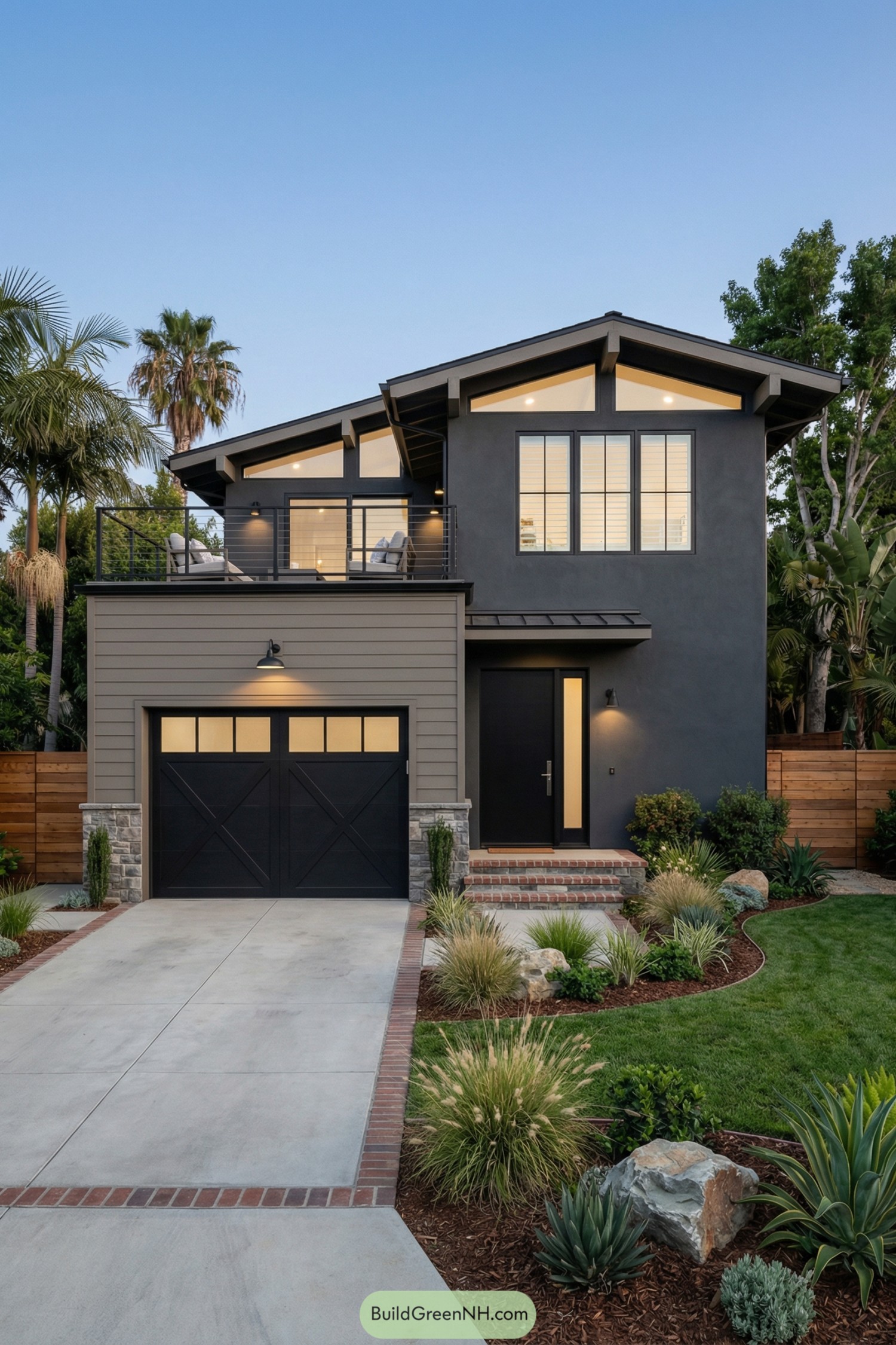 Modern two-story grey house with charcoal siding, large windows, and a landscaped front yard