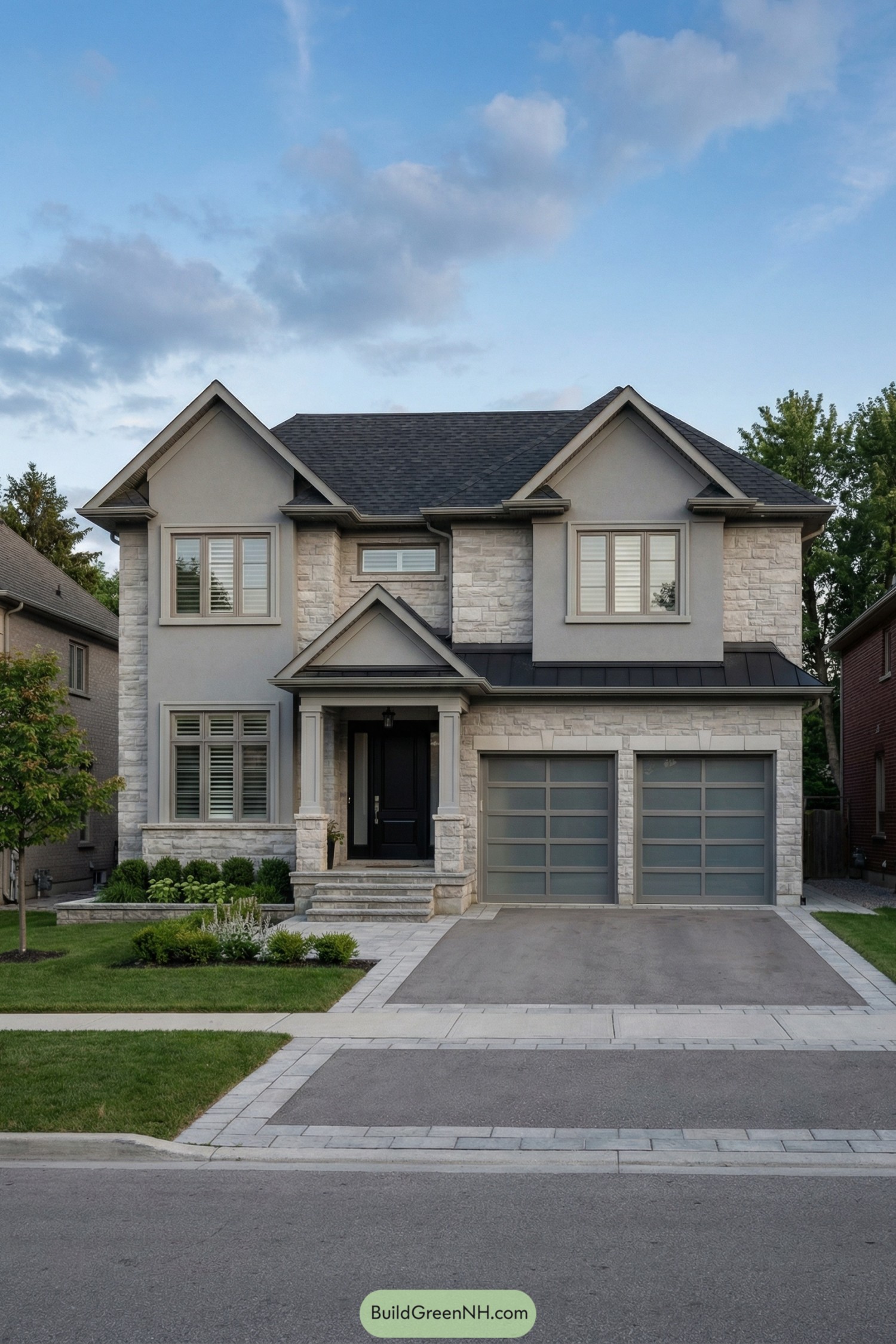Two-story grey house with stone facade and double garage