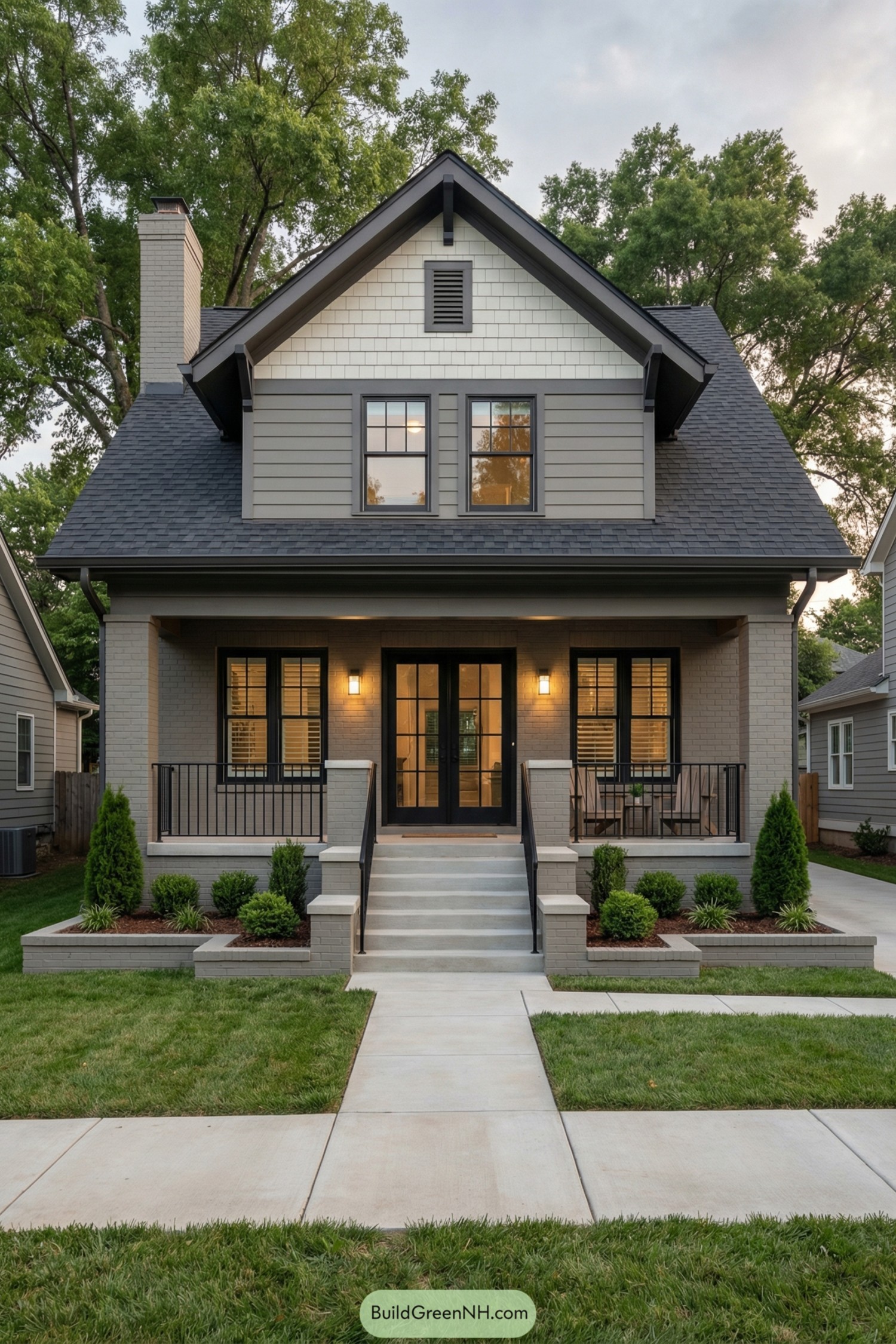 Grey gabled house with front porch, black trim, and simple landscaping
