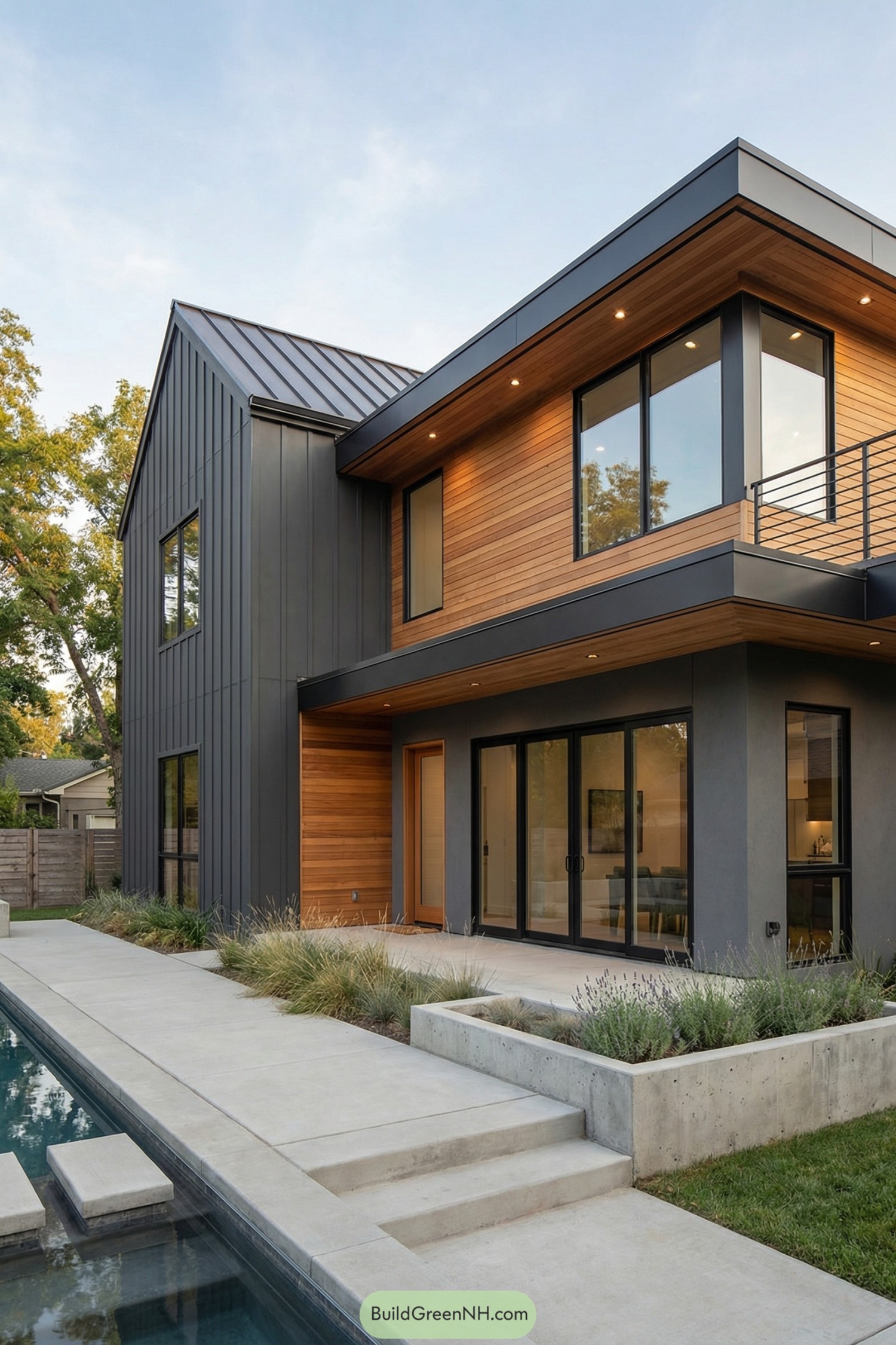 Modern grey house with vertical metal siding, warm wood cladding, and a slim pool in the foreground