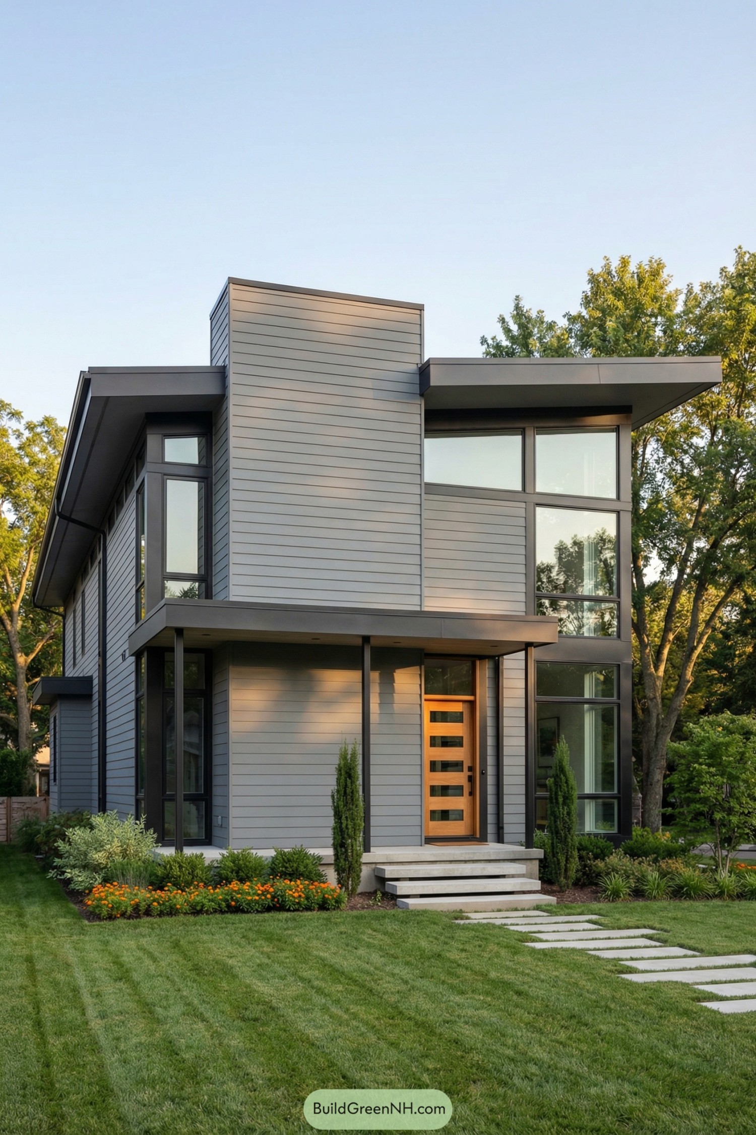 Modern two-story grey house with flat roofs and large windows