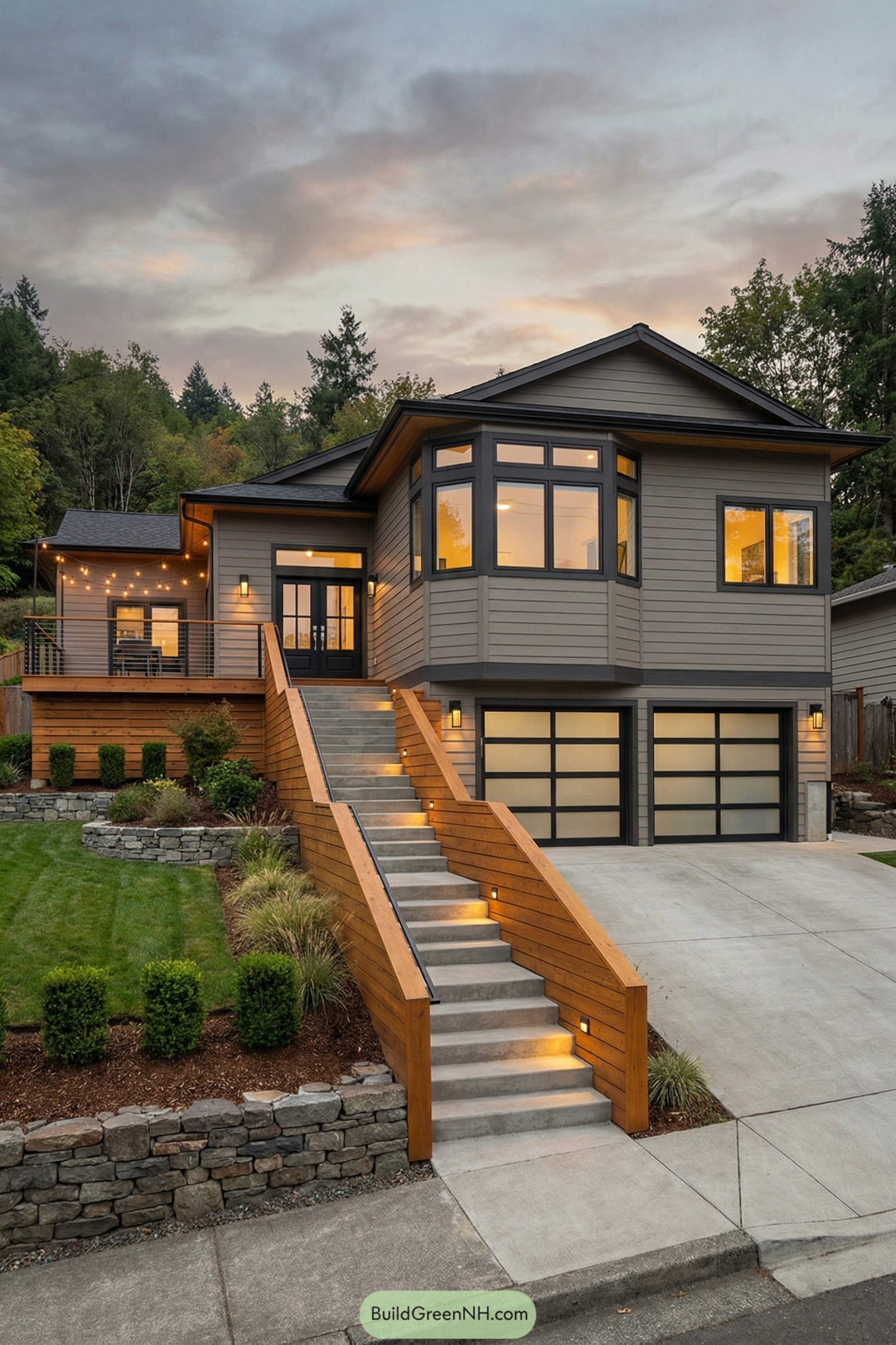 Modern gray house with lit wooden stairway