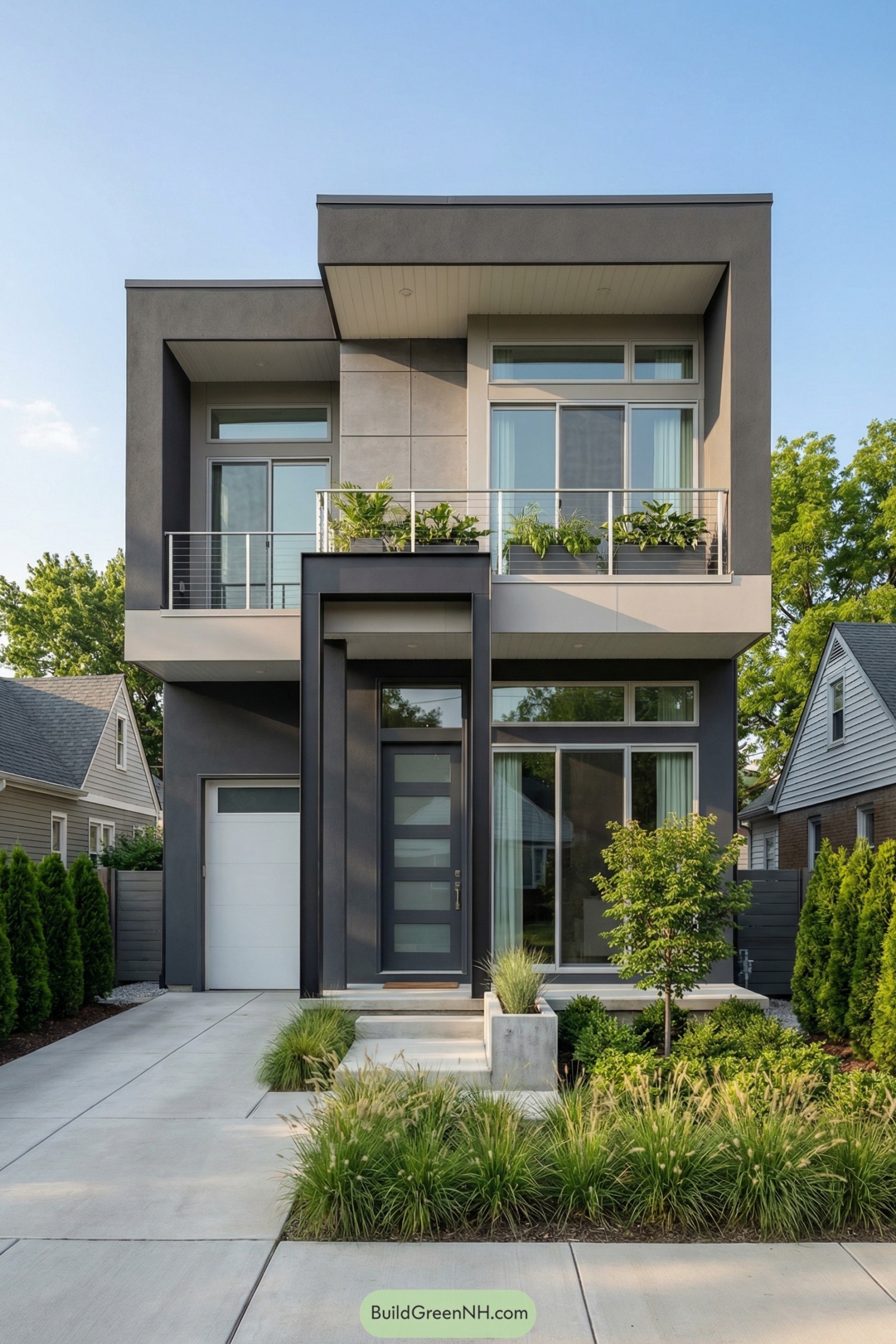 Modern two story gray house with large windows and balcony planters