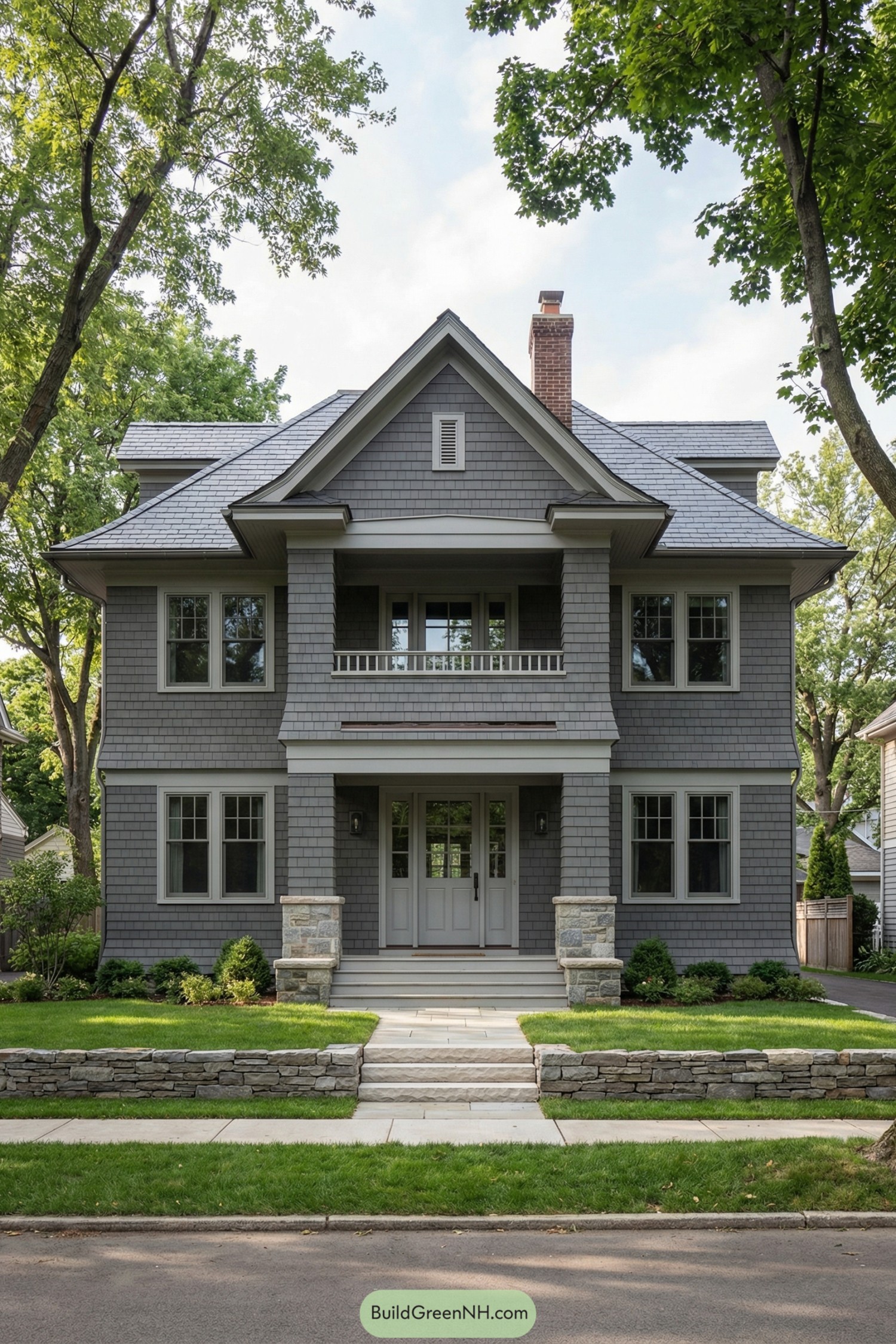 Two-story grey shingle house with front porch and stone-accented entry