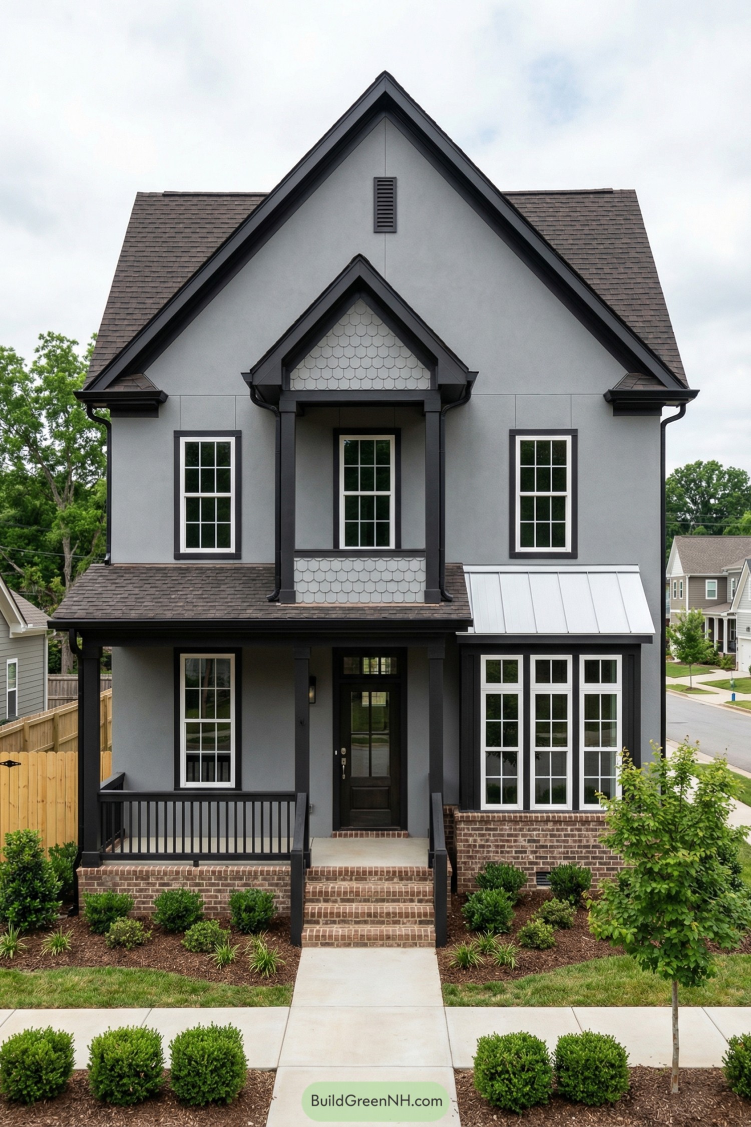Two-story grey gable house with black trim and brick base. Symmetrical facade with front porch, tall windows, and a side sunroom