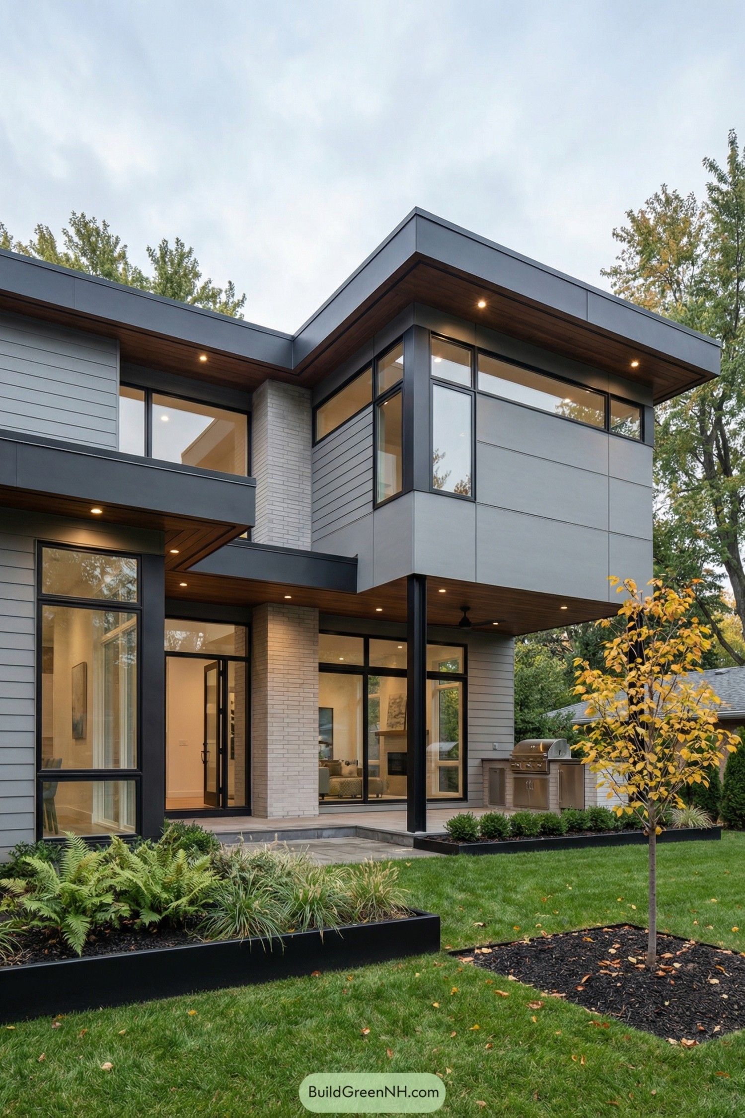 Modern grey two-story house with flat roof and large windows