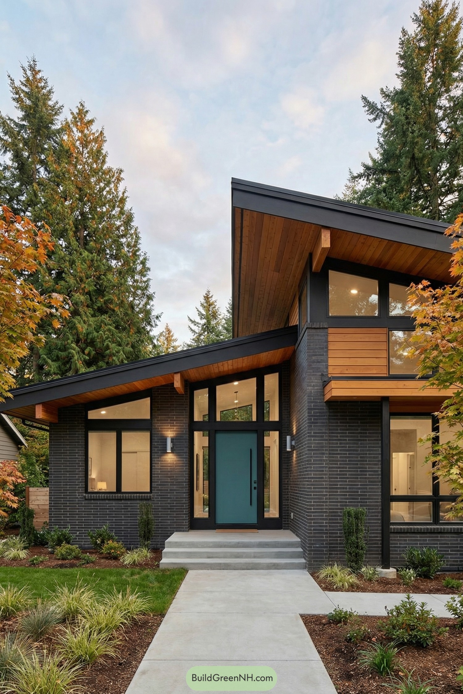 Modern grey brick house with teal front door, warm cedar accents, and sloped roof beneath tall evergreens