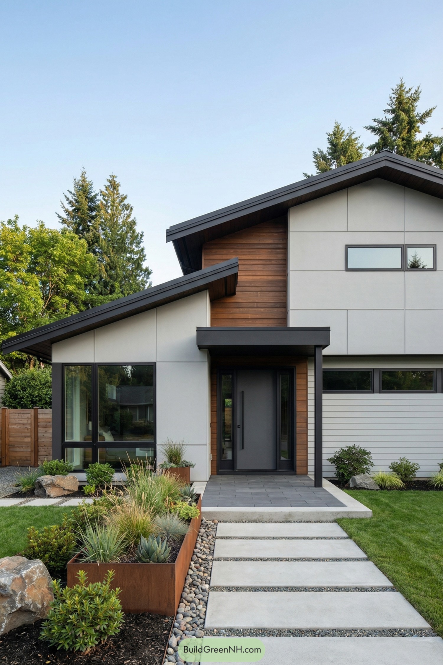 Modern grey house with wood accents and minimalist landscaping