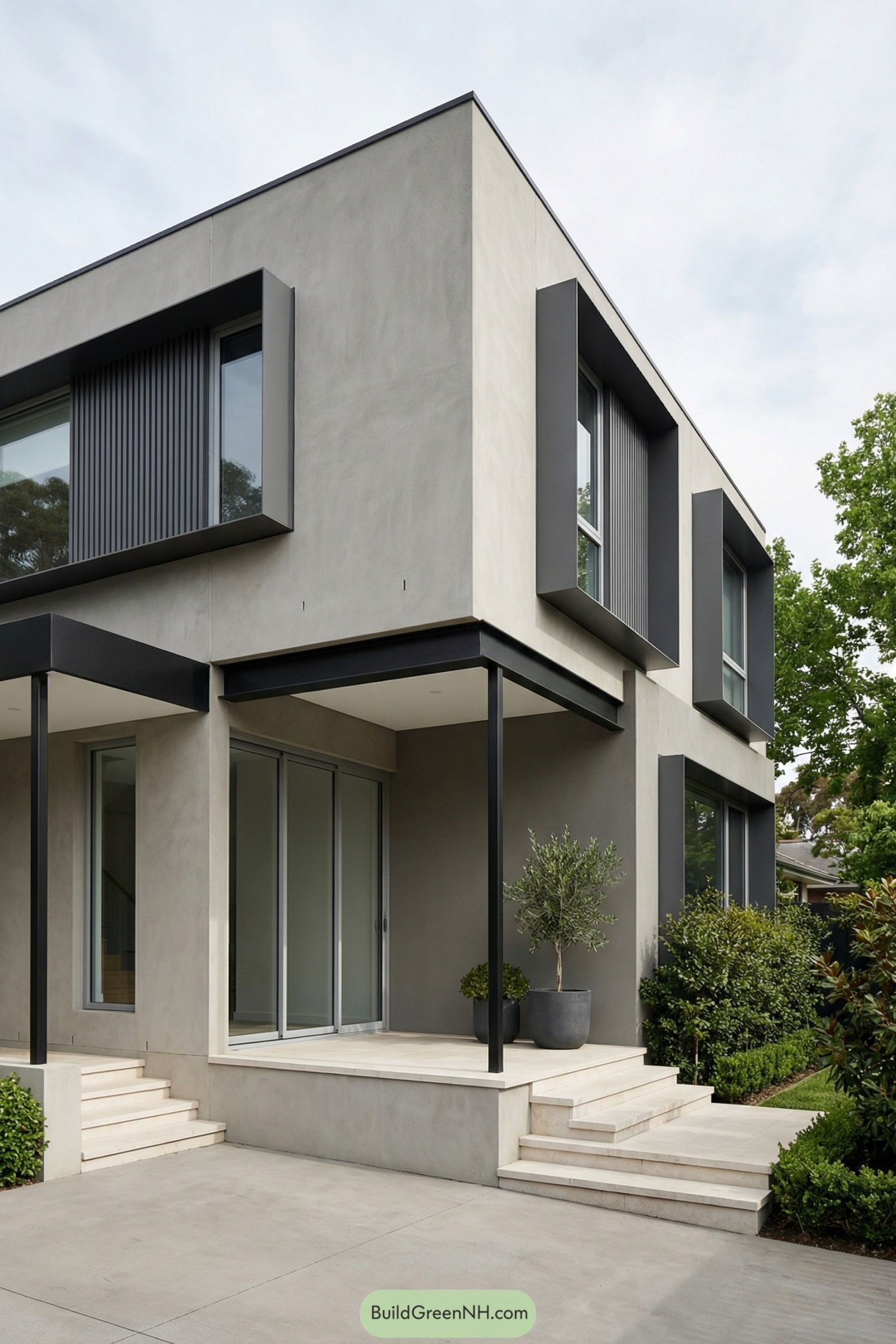 Modern two-story grey house with crisp boxy volumes and slim black supports at the entry terrace