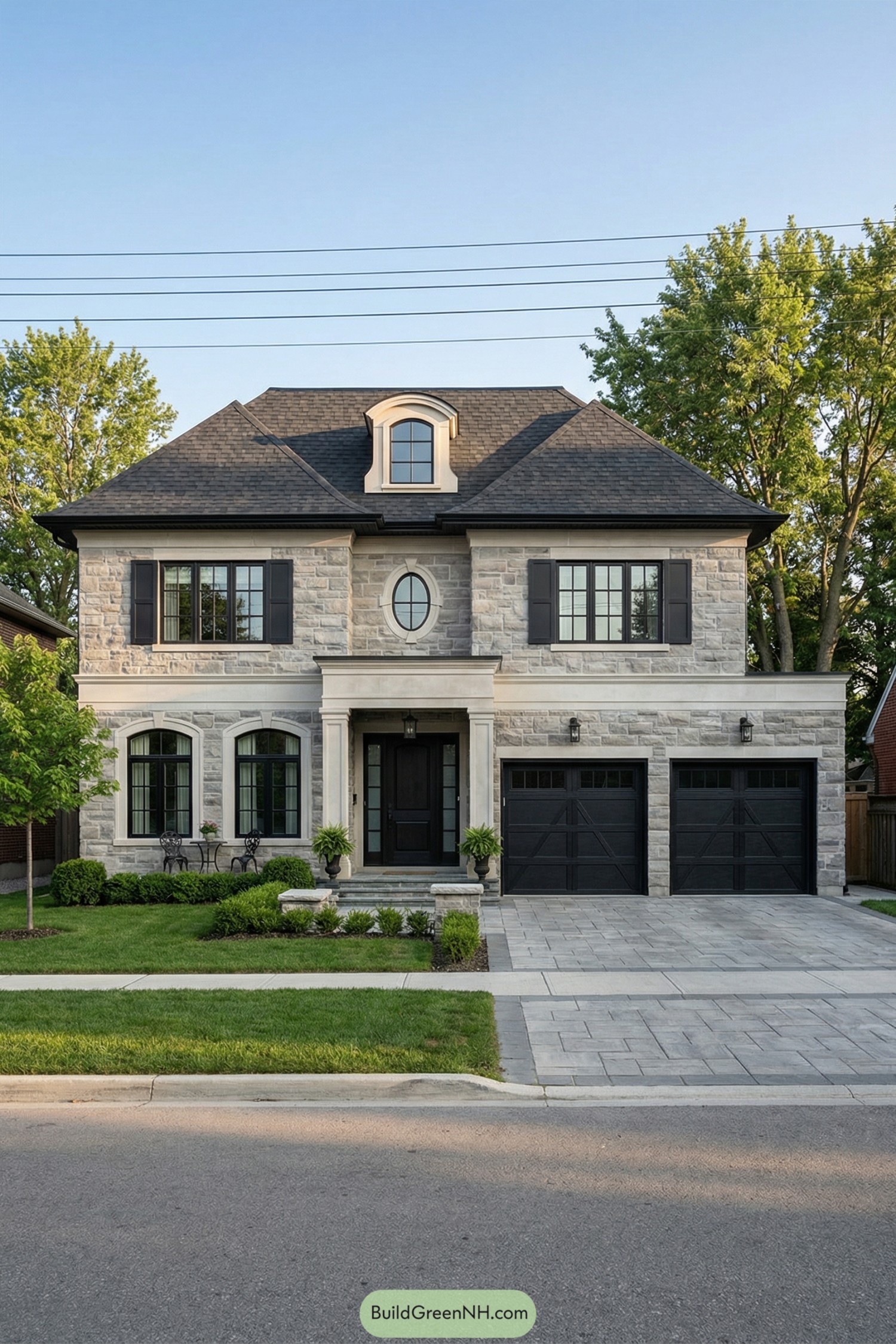 Two-story grey stone house with black shutters and twin black garage doors