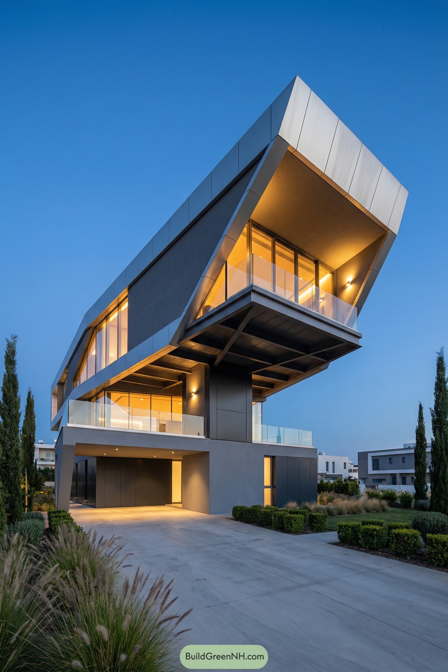 Cantilevered modern house with glowing windows
