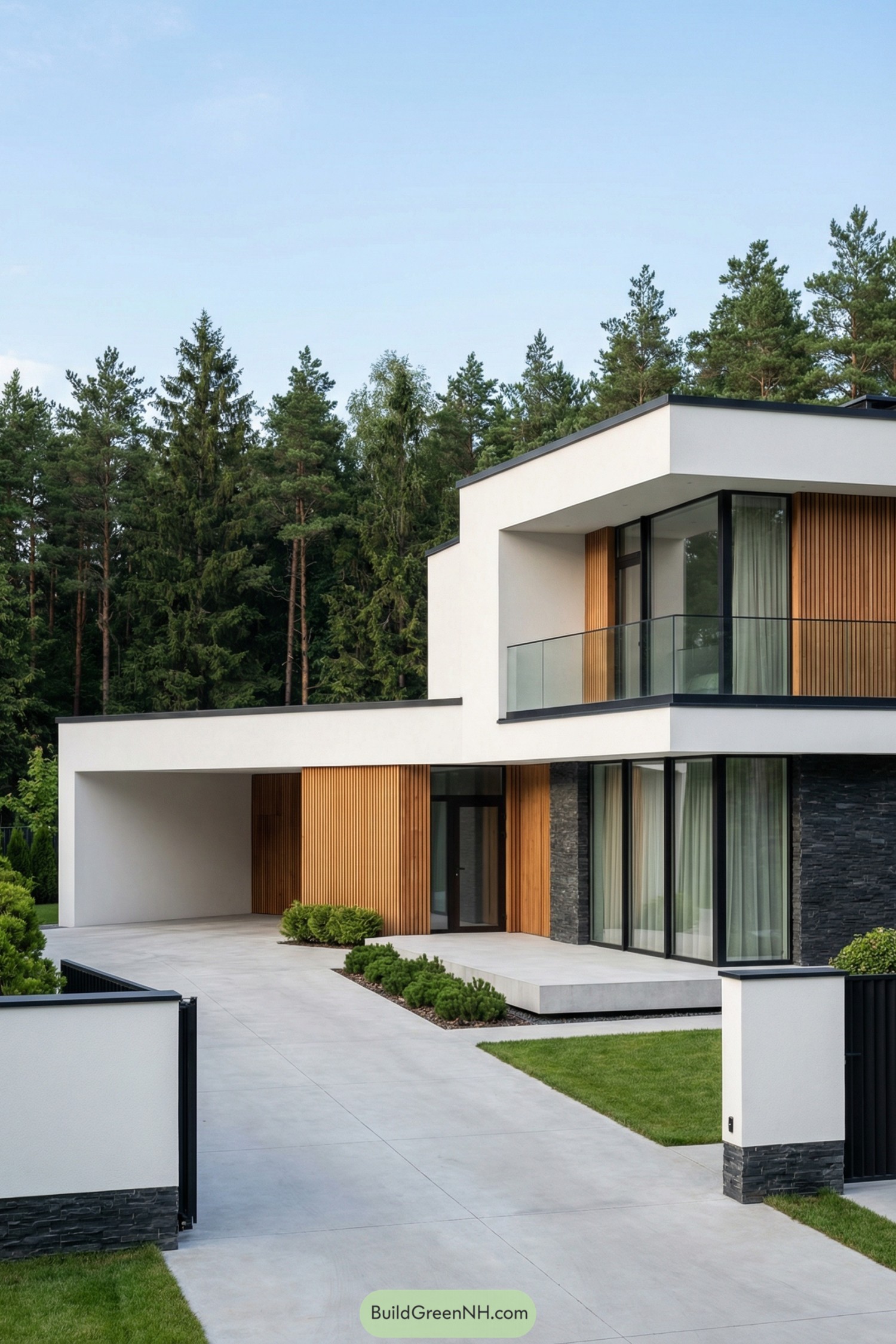 Minimalist two-story house beside tall pines