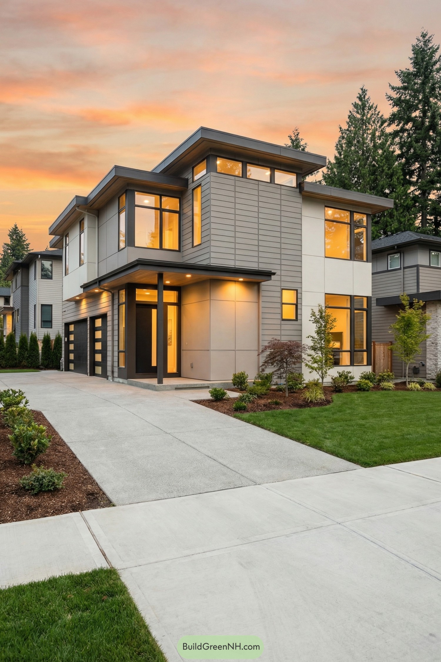 Two-story modern house with large windows at sunset
