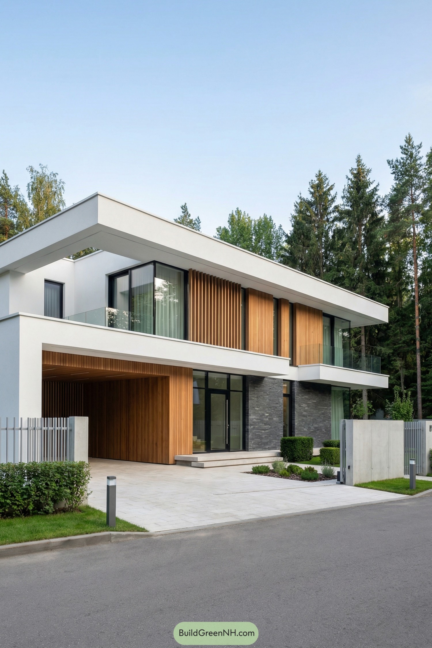 Modern two-story house with white frames wood cladding and large glass panels beside tall trees