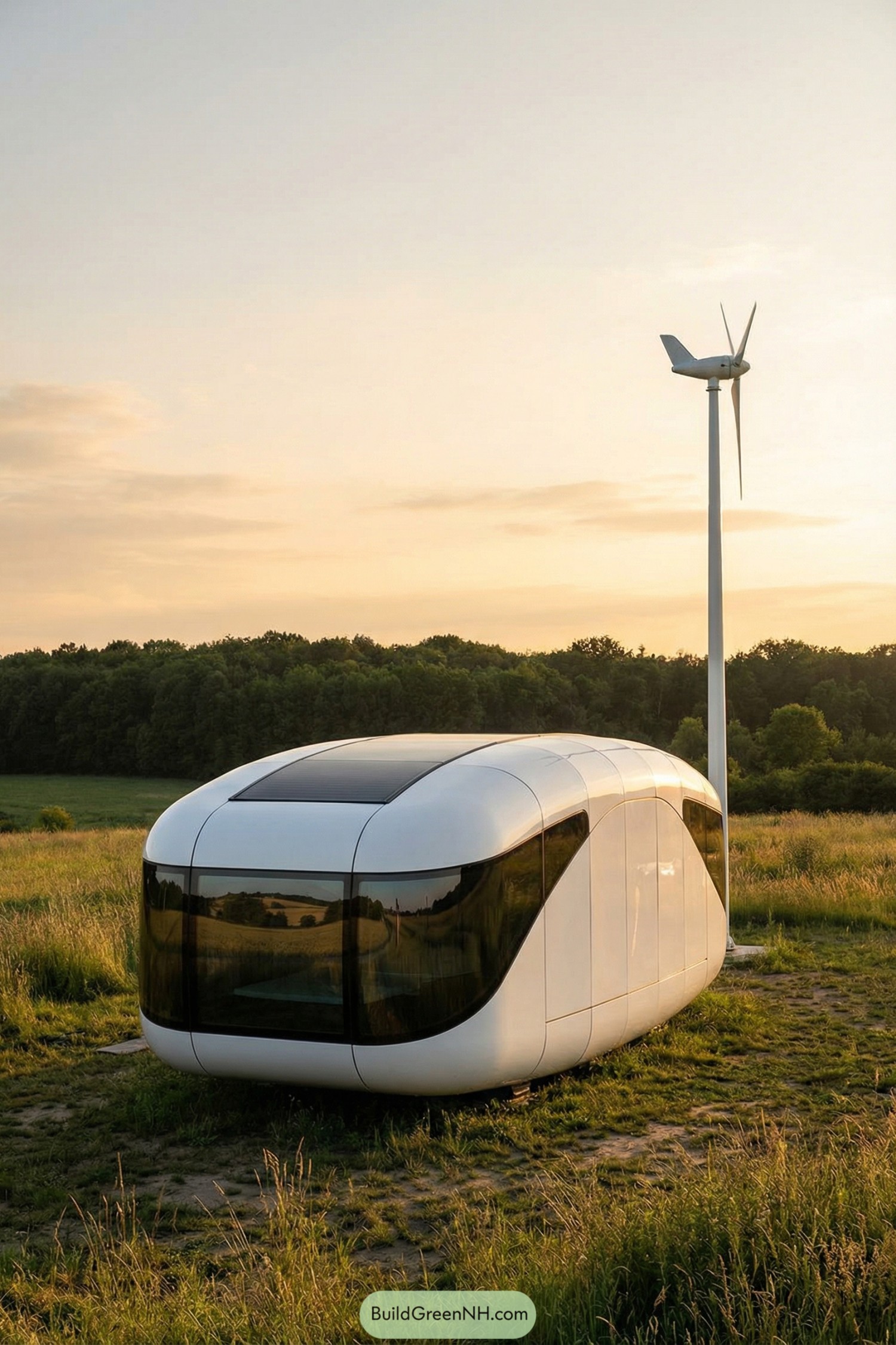 Futuristic white tiny house pod beside a wind turbine in a grassy field at sunset