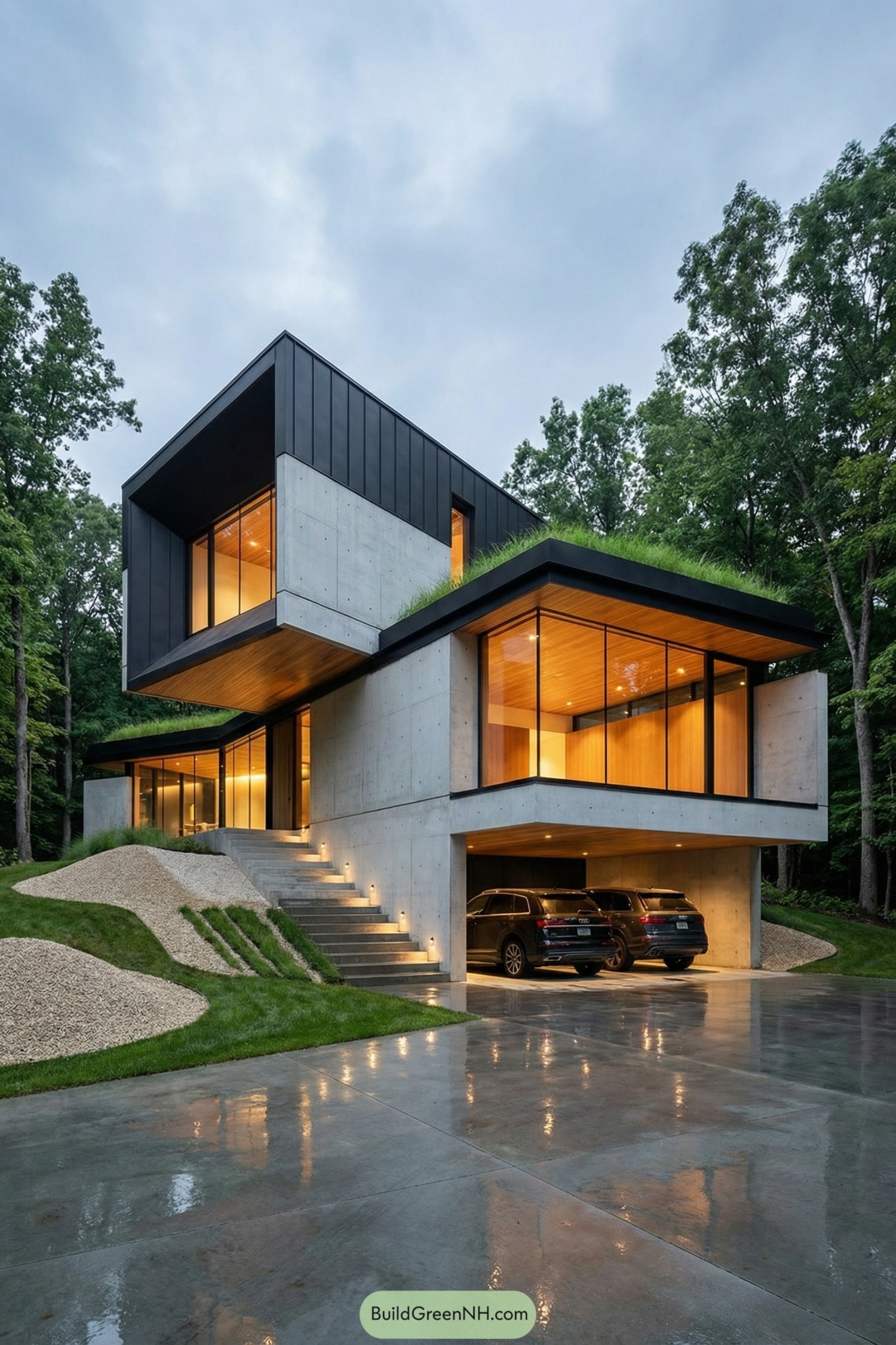 Concrete and glass modern house on wooded slope