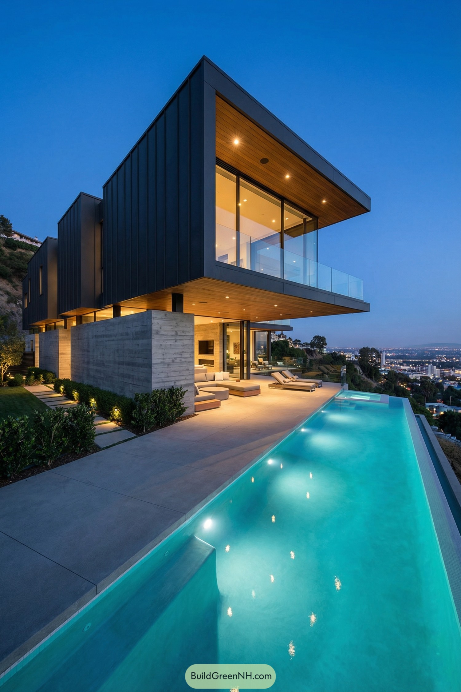 Modern cantilevered hillside house with glowing infinity pool at dusk