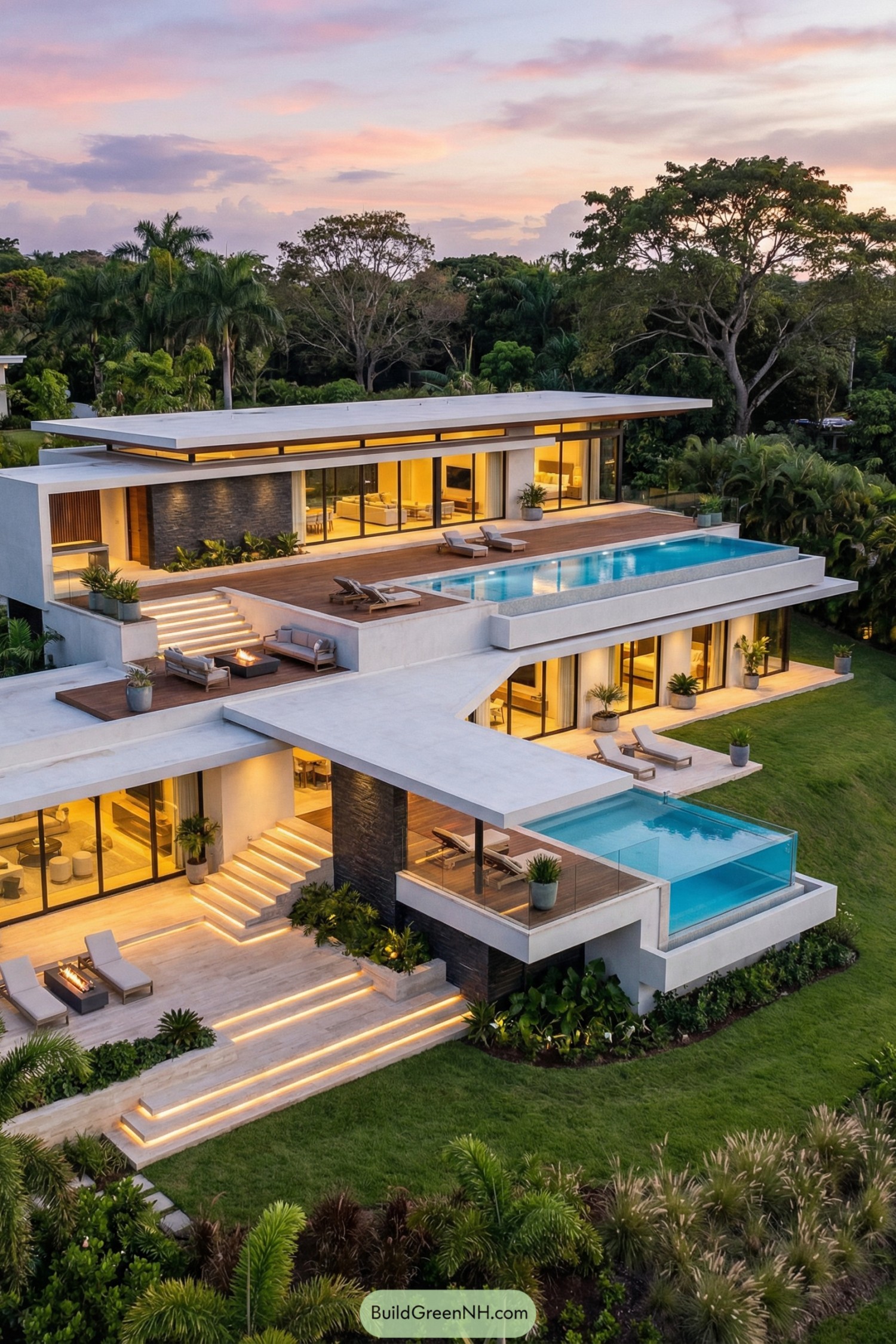 Modern terraced luxury home with stacked pools at sunset