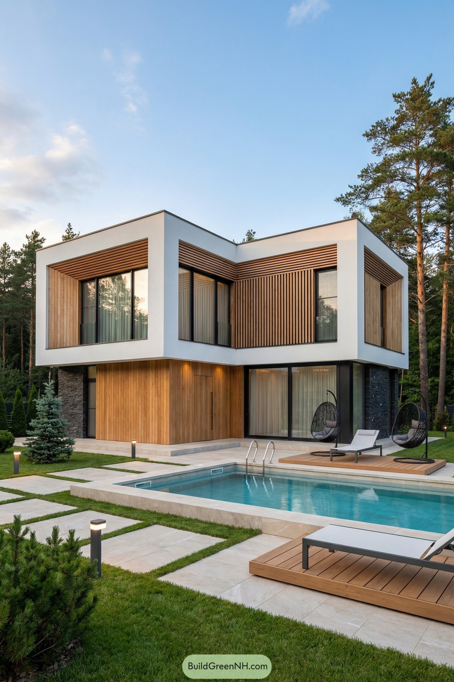Modern boxy house with wood accents and pool
