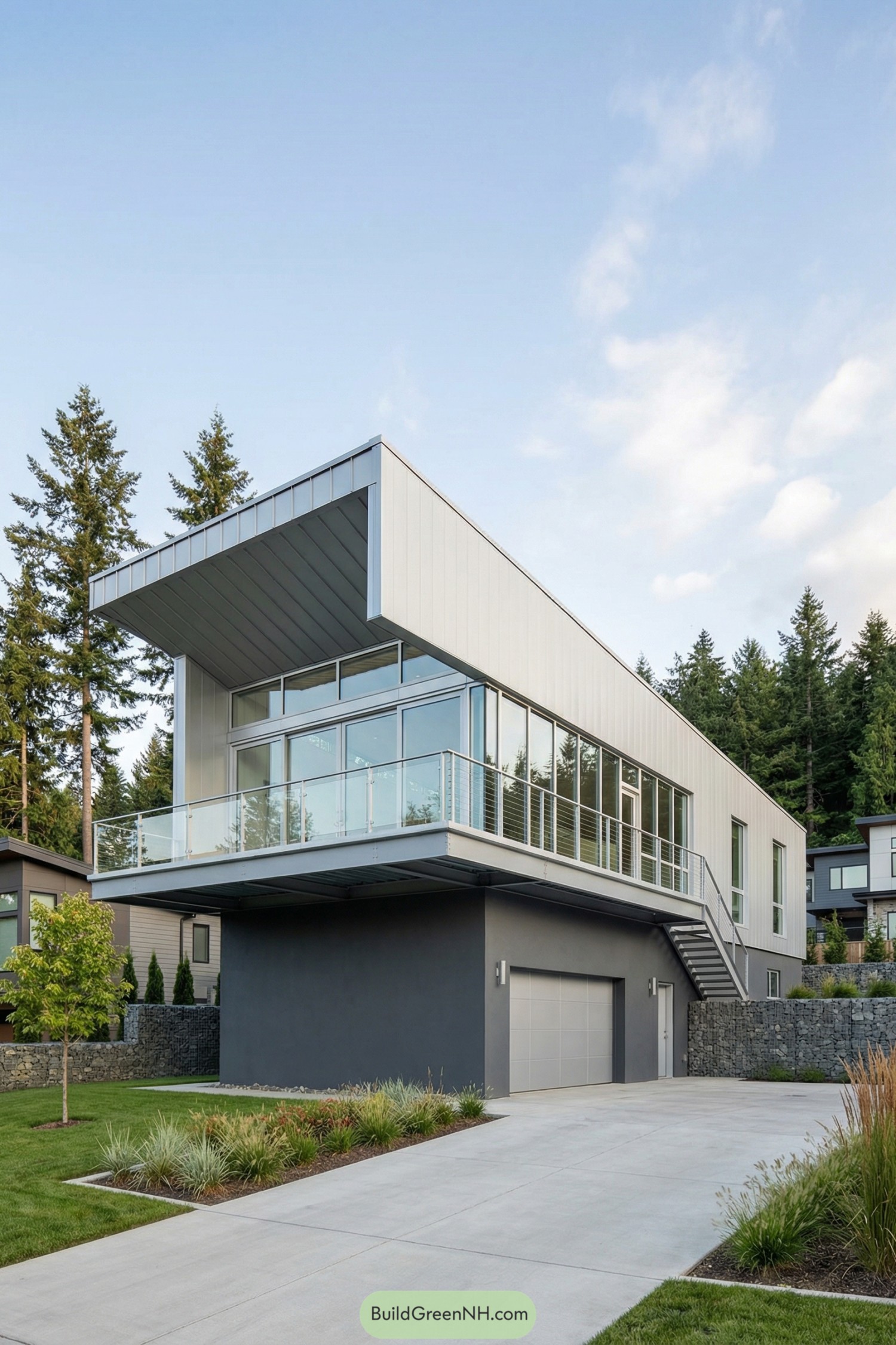 Modern cantilevered glass house with elevated living level over a dark base and forested backdrop