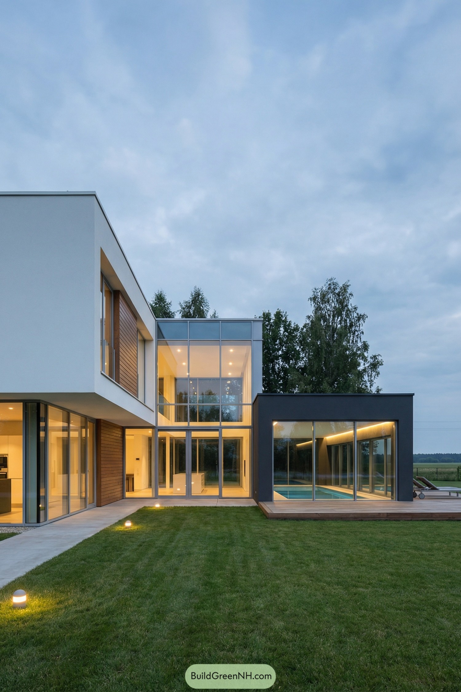 Modern two-story house with expansive glass walls opening to a lawn and pool wing at dusk