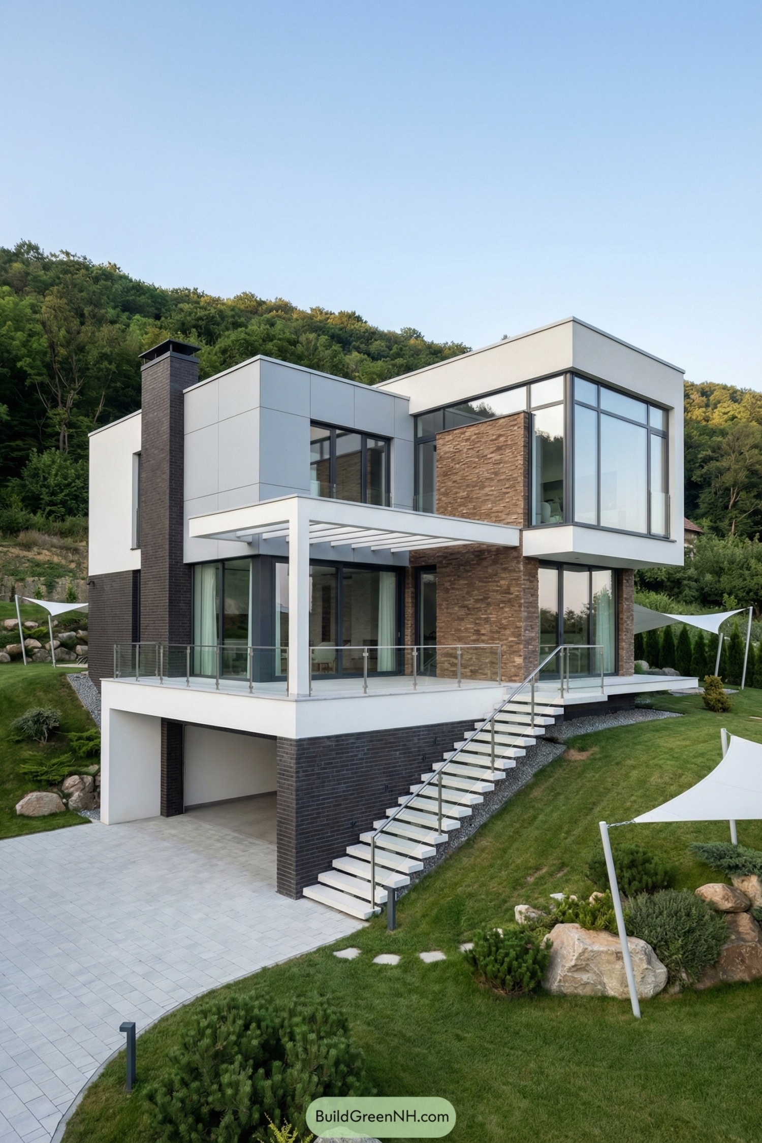 Modern two story glass and stone house on a green hillside