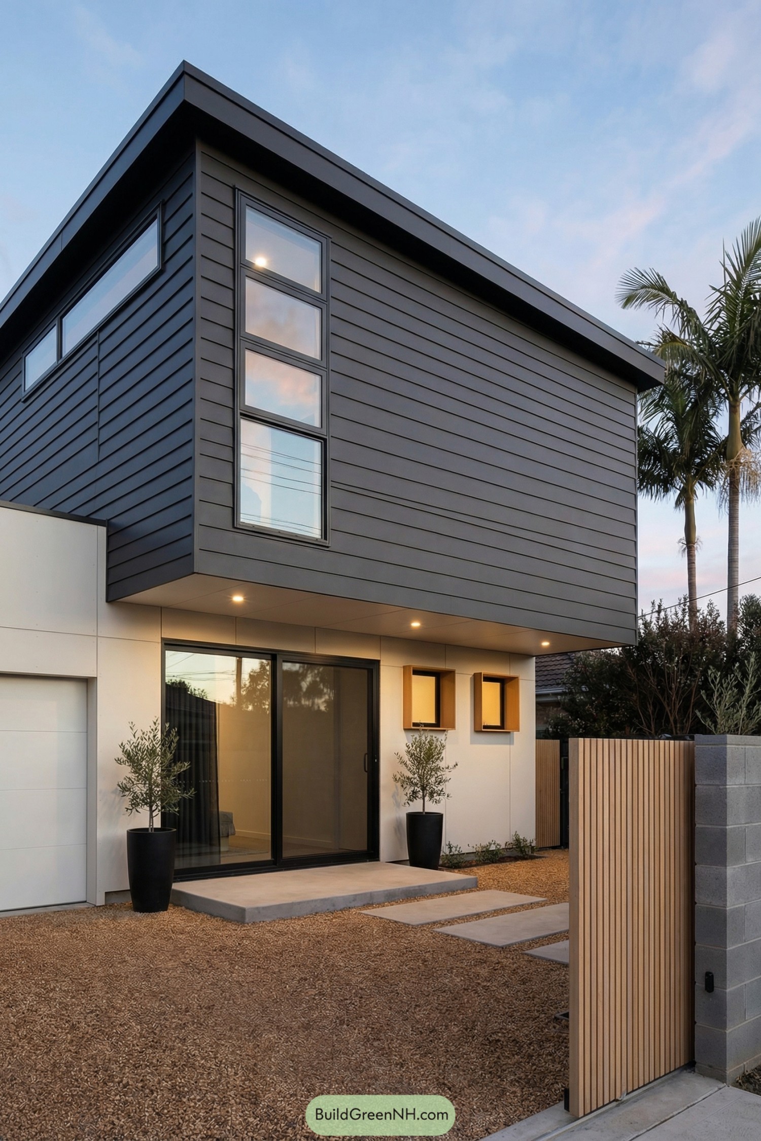 Two-story modern house with dark upper level and minimalist gravel front yard