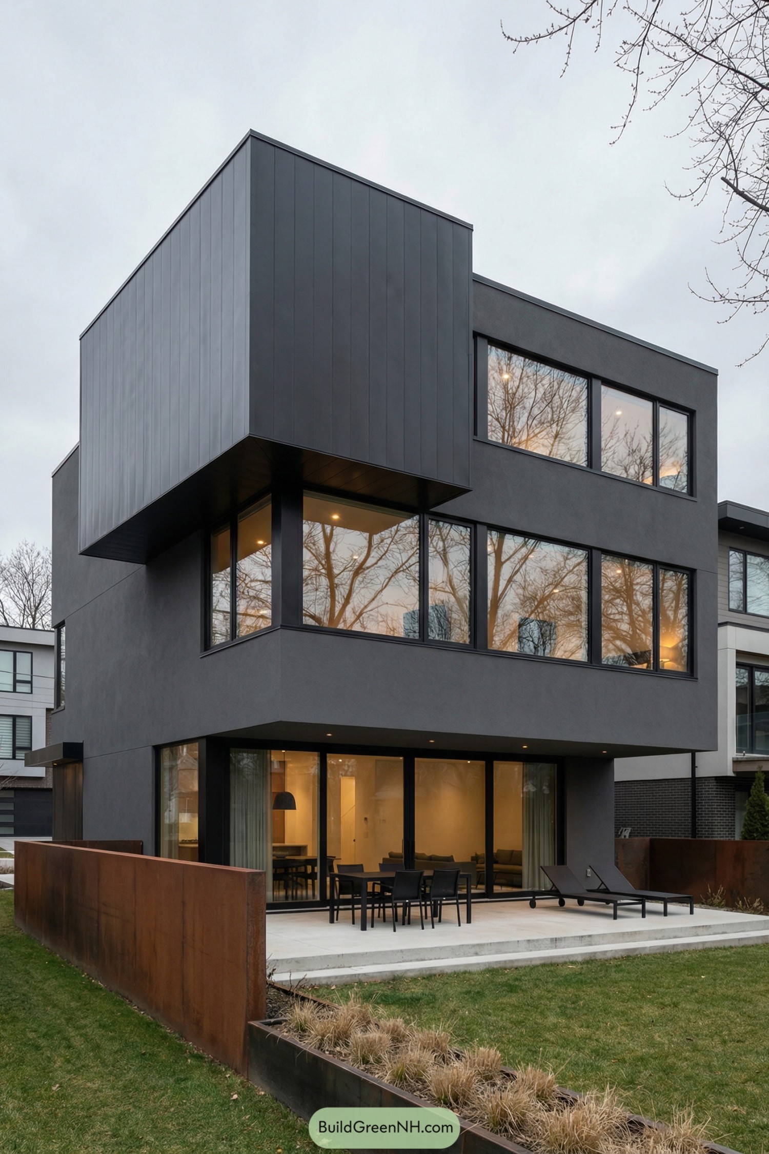 Modern three-story gray house with large windows and bold cantilevered upper levels