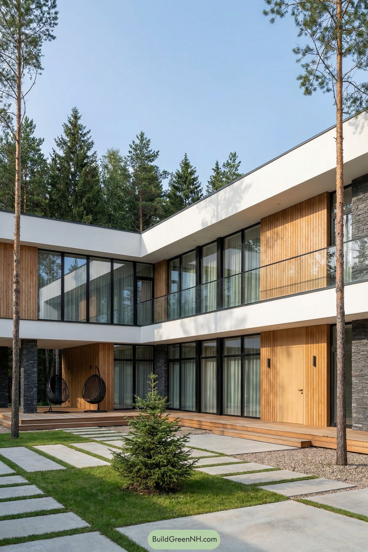 Modern courtyard house with glass walls and wood cladding