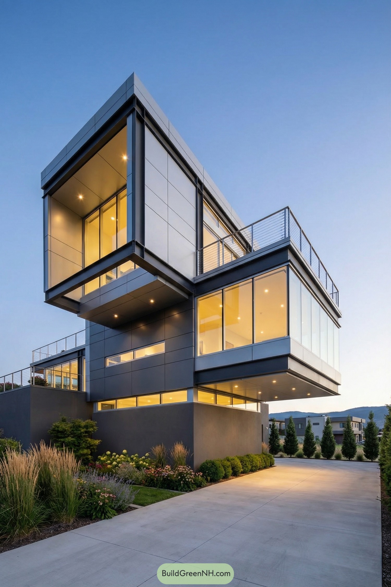 Modern cantilevered house with glowing glass volumes