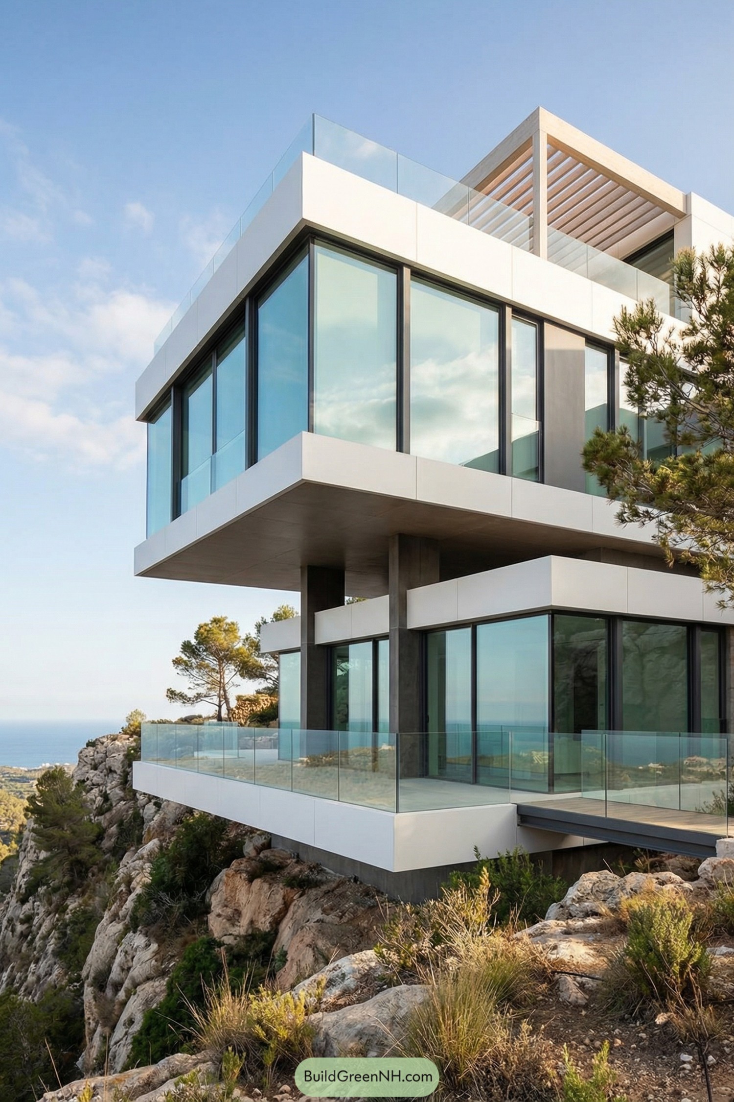 Modern glass-walled home cantilevered over rocky cliffside