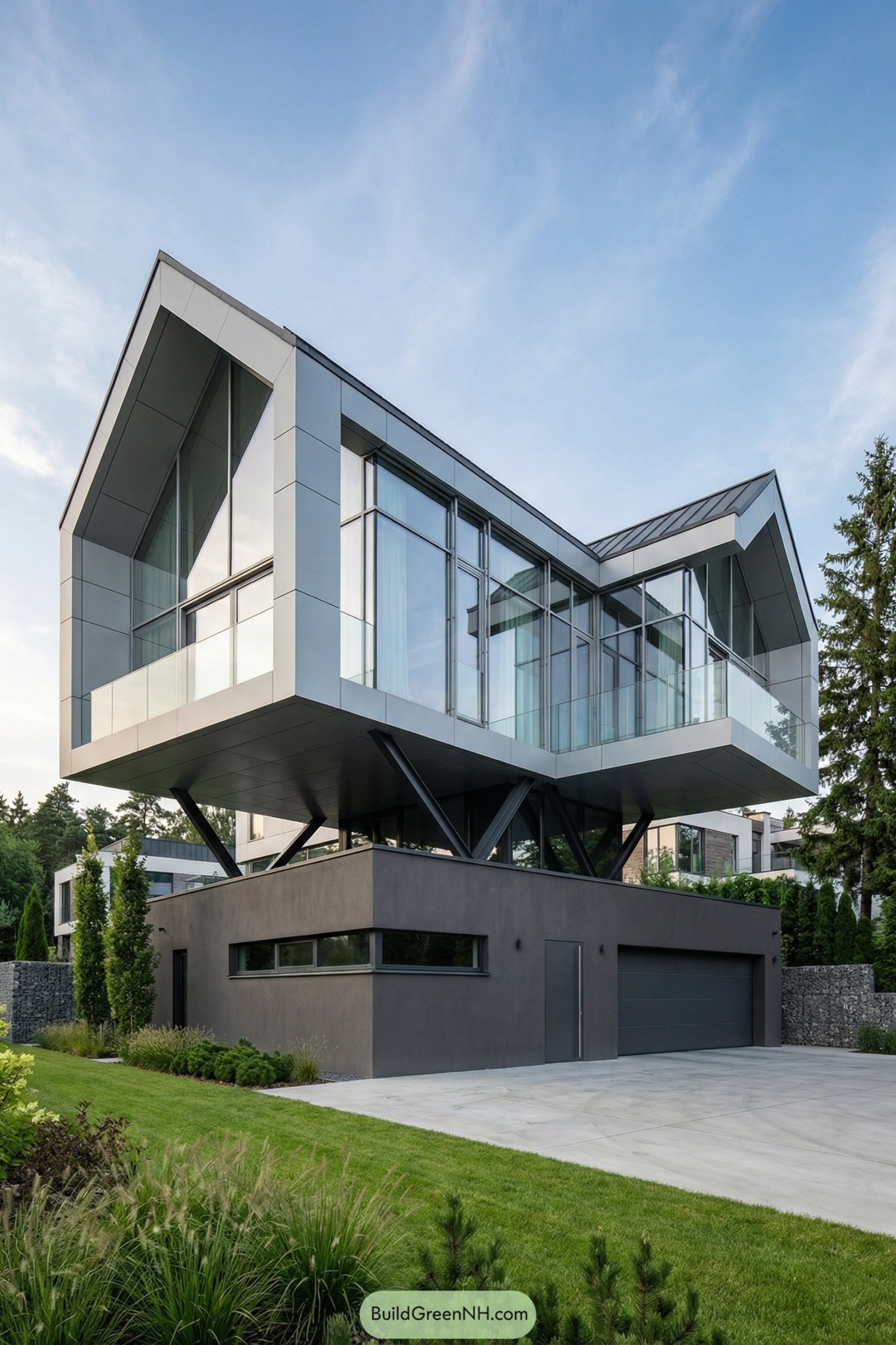 Cantilevered modern home with glass-clad upper level over a solid gray base