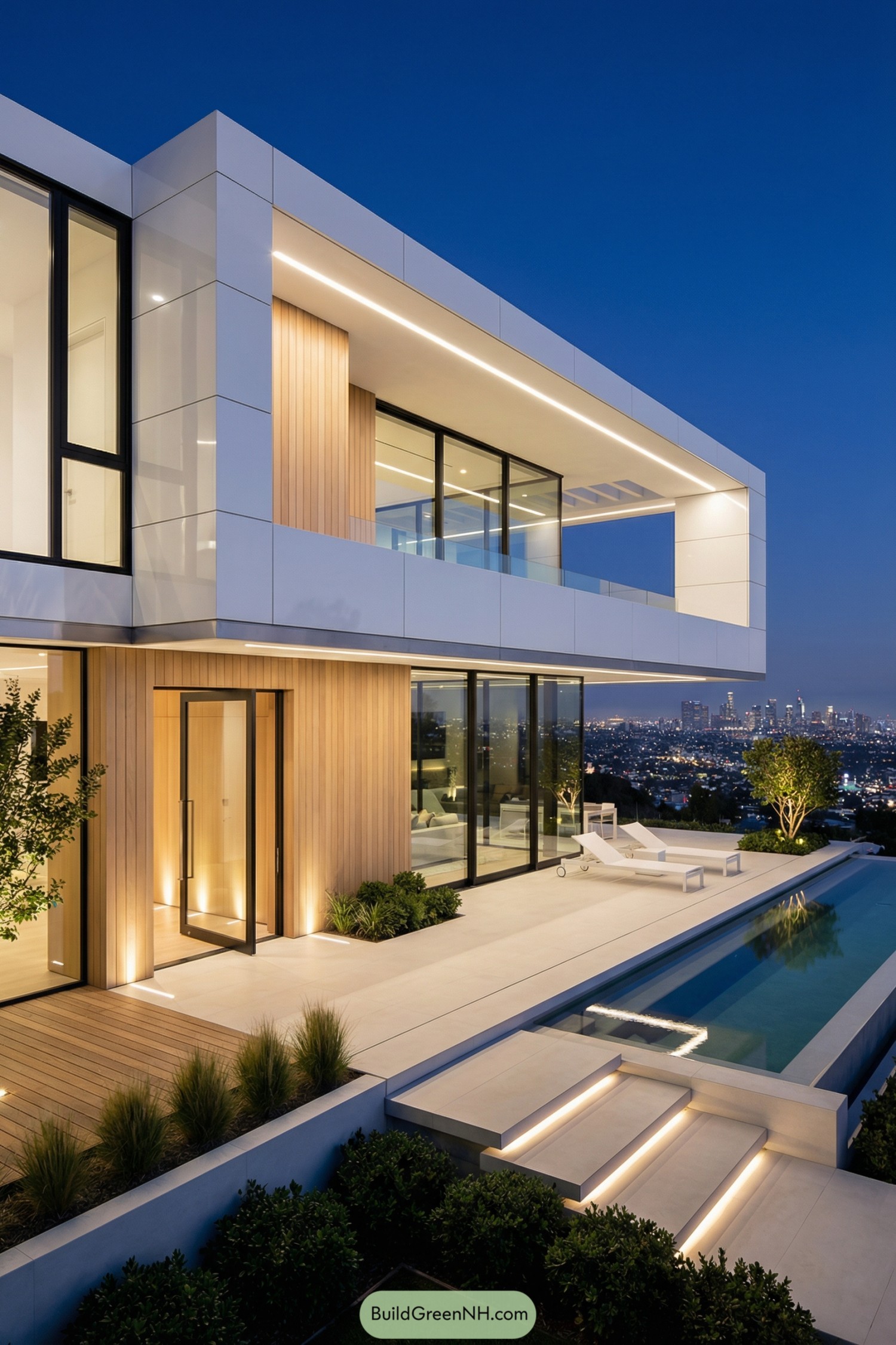 Modern two story hillside home with long pool terrace and city skyline view at dusk