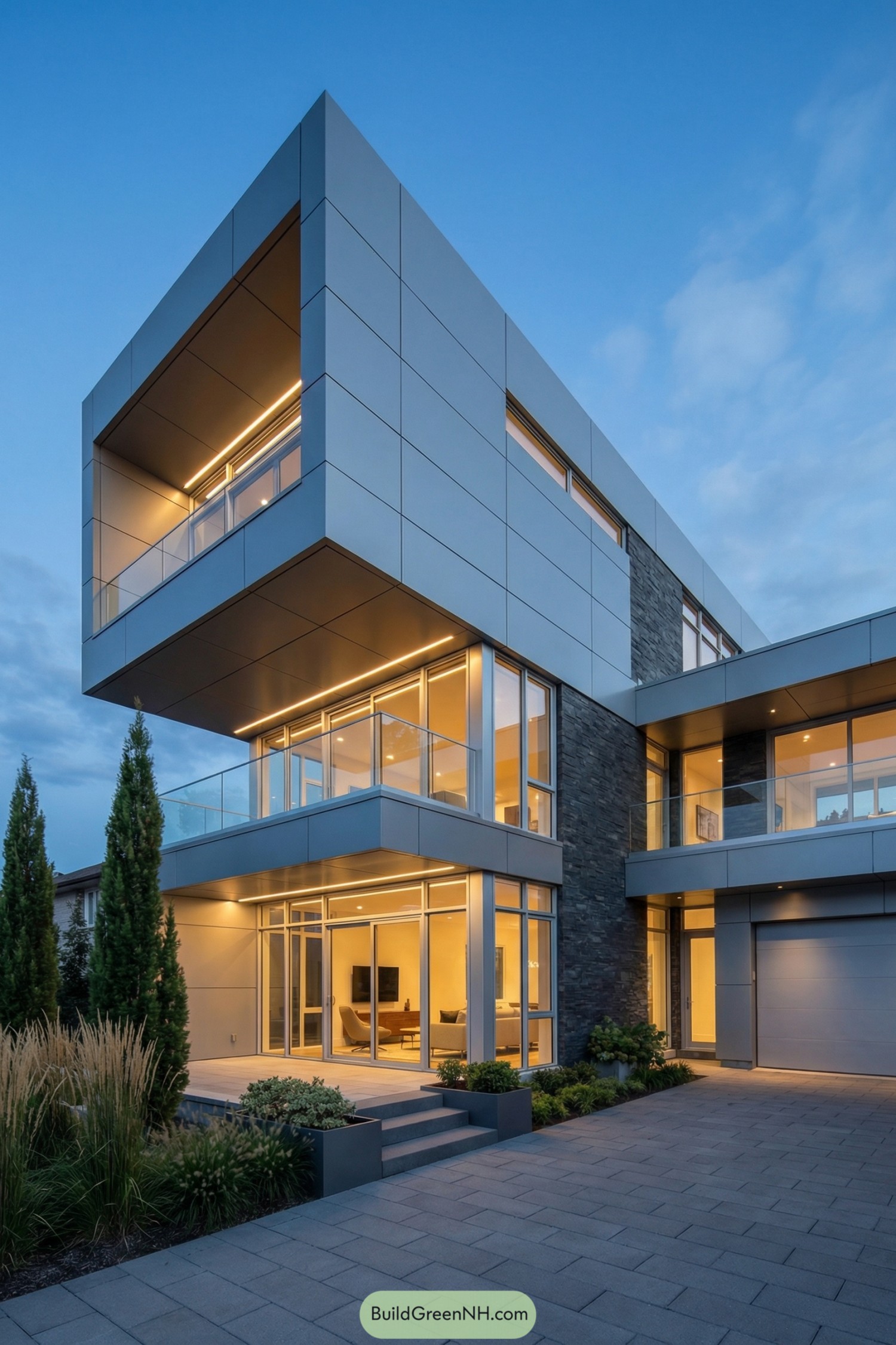 Sleek three story modern house with cantilevered glass volumes at dusk