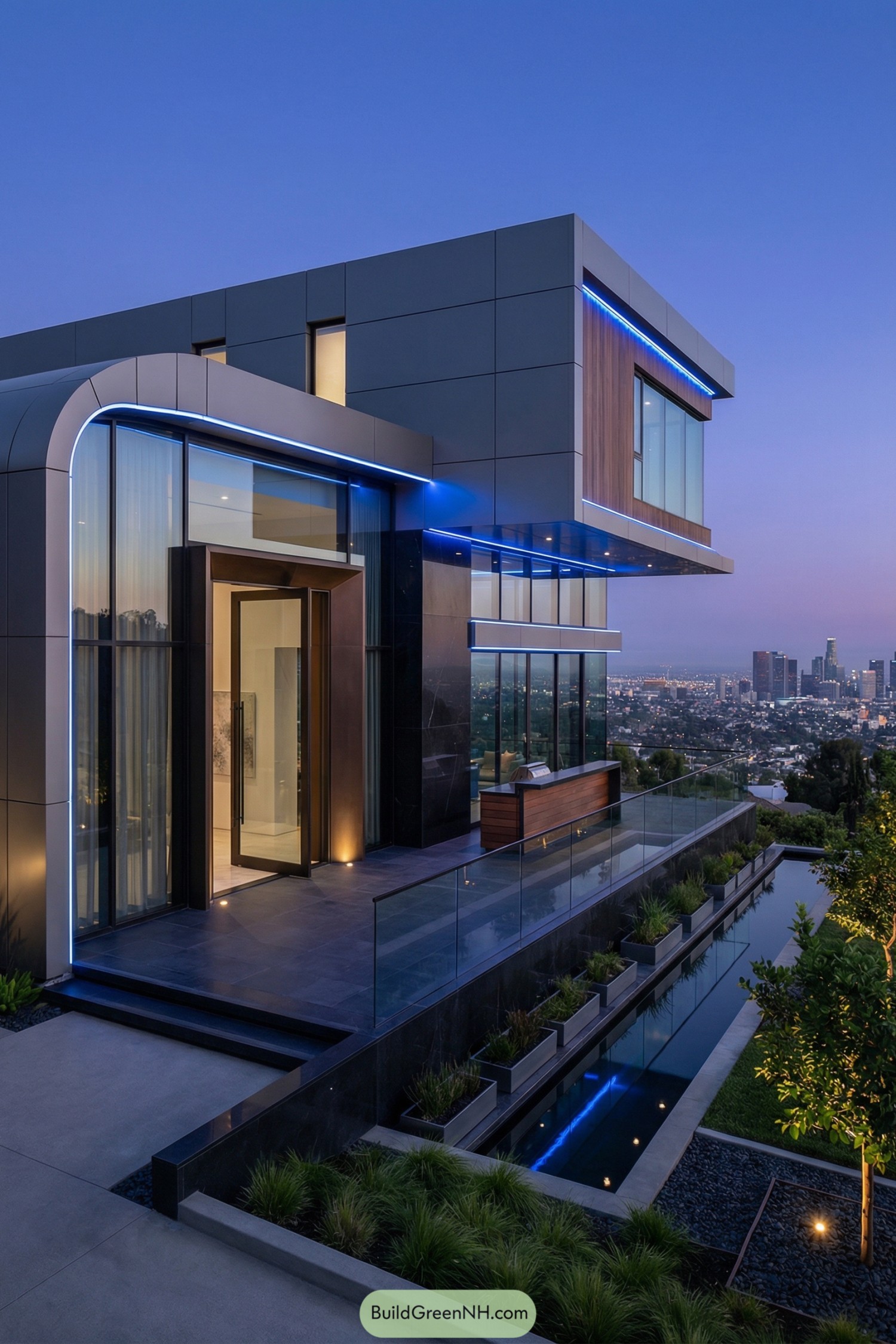 Modern cantilevered hillside house with blue LED accents and narrow reflecting pool overlooking the city at dusk