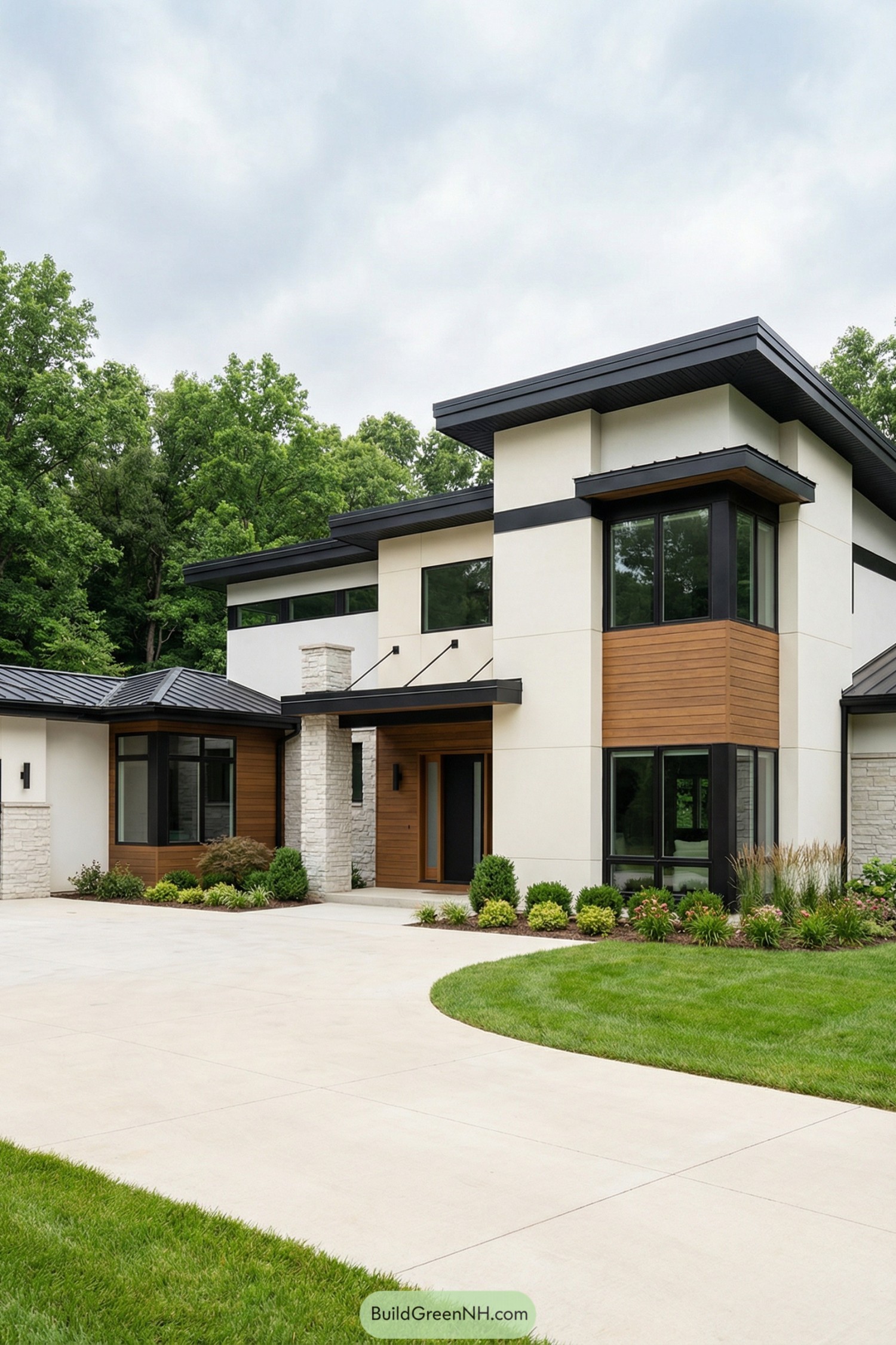Modern two-story house with flat black metal roofs large windows and warm wood siding