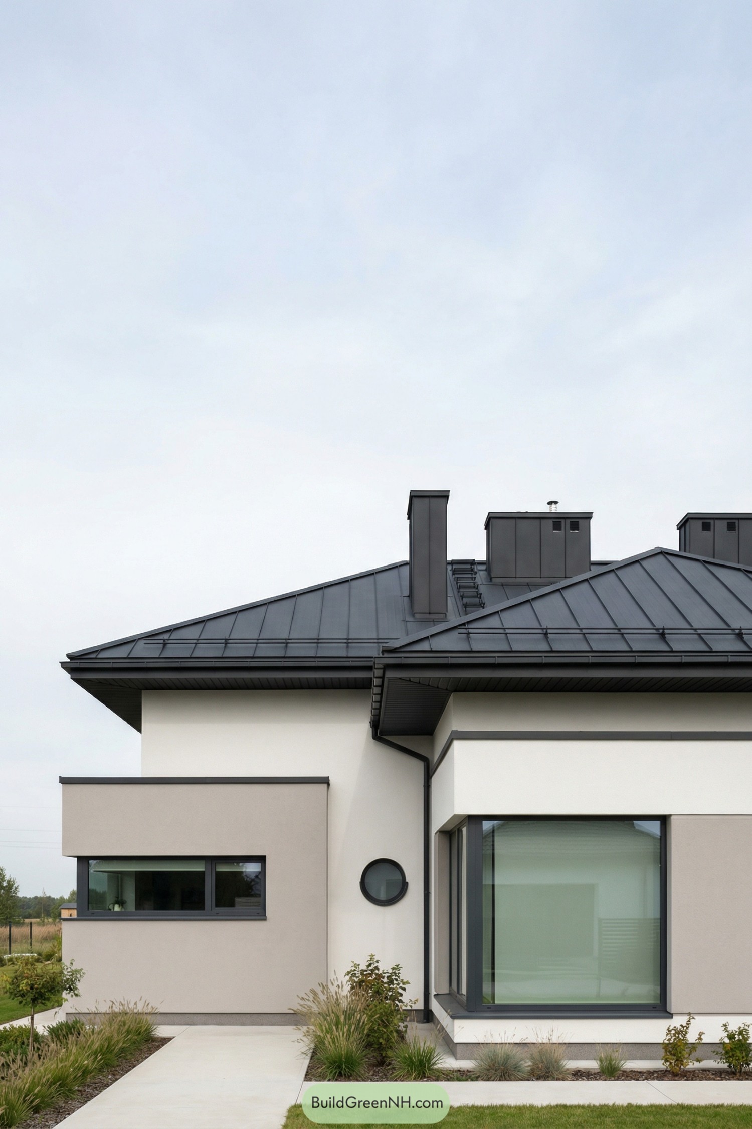 Modern stucco house with black metal roof and large framed windows