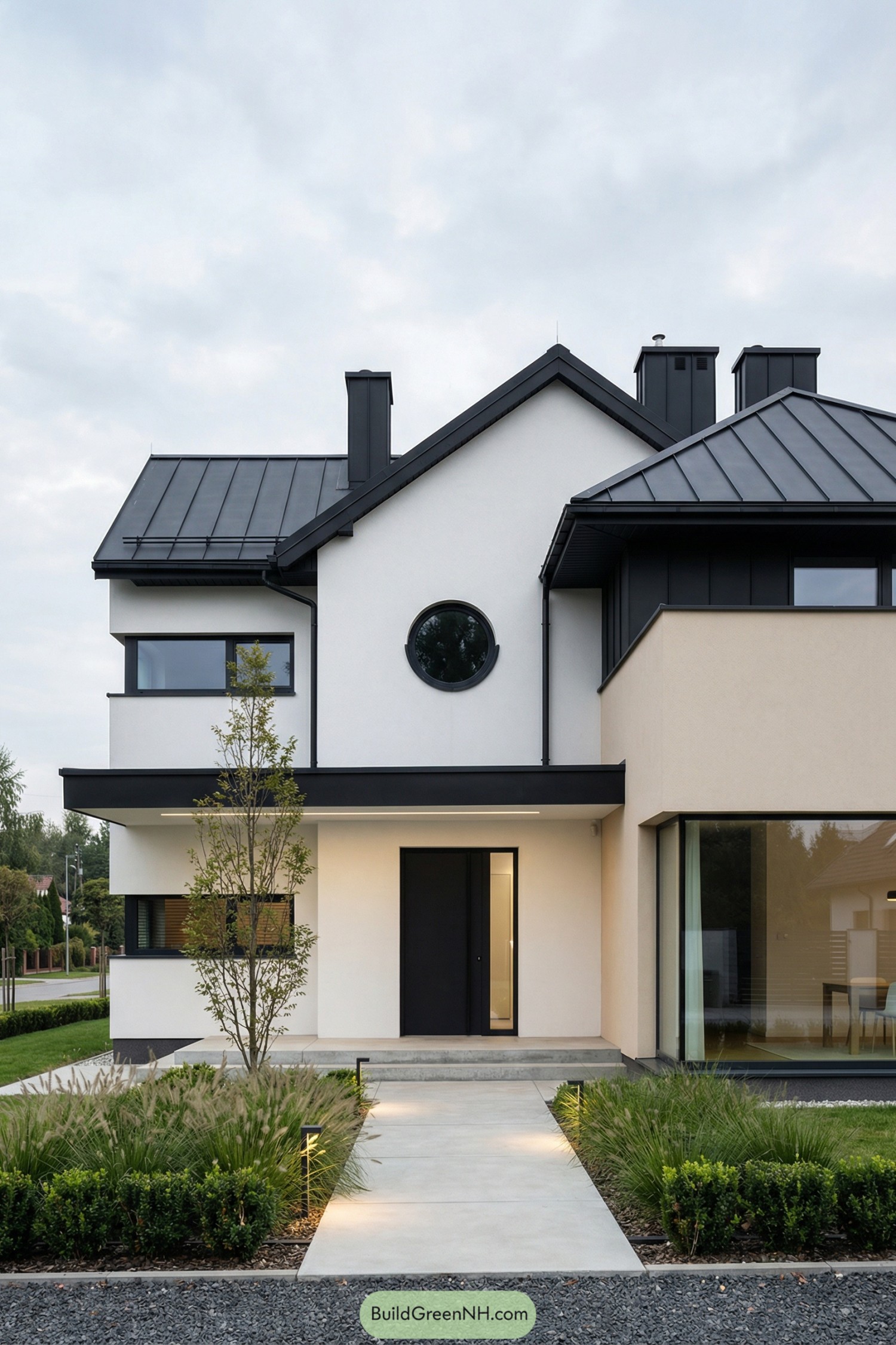 Two story white house with black metal roof and large front windows