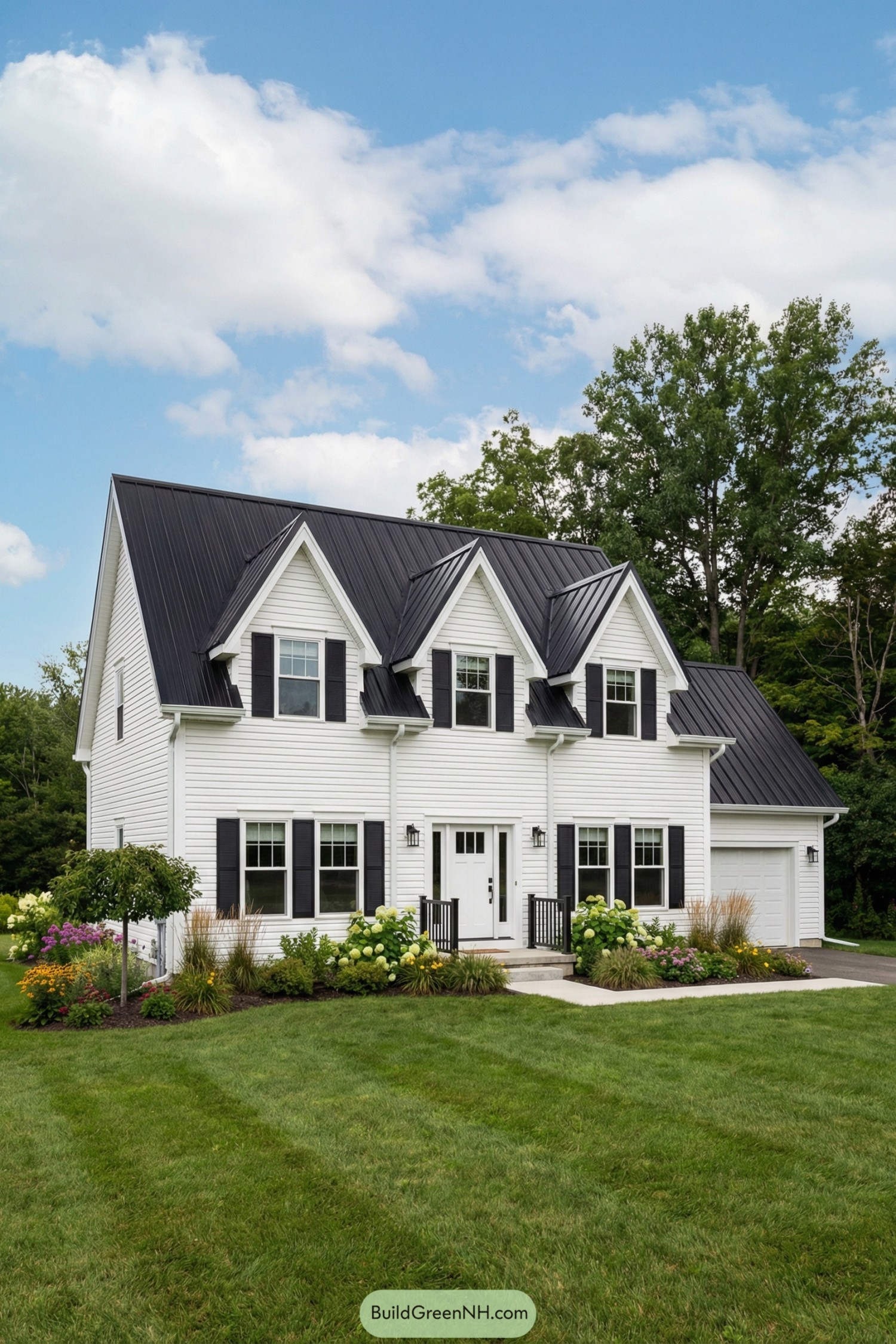 White two-story house with black metal roof and black shutters