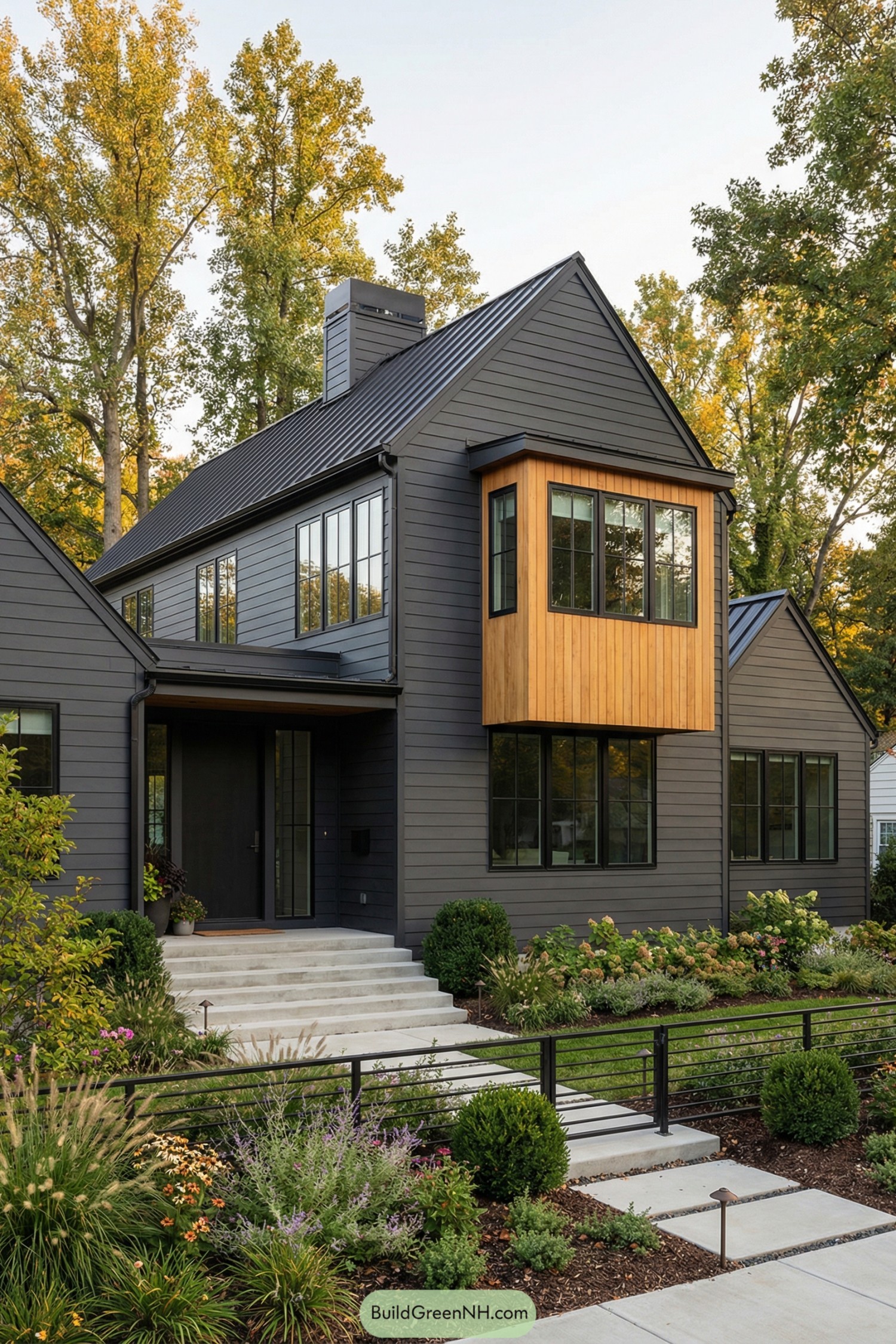 Dark gray modern house with black metal roof and projecting cedar-clad bay window over lush landscaped front yard