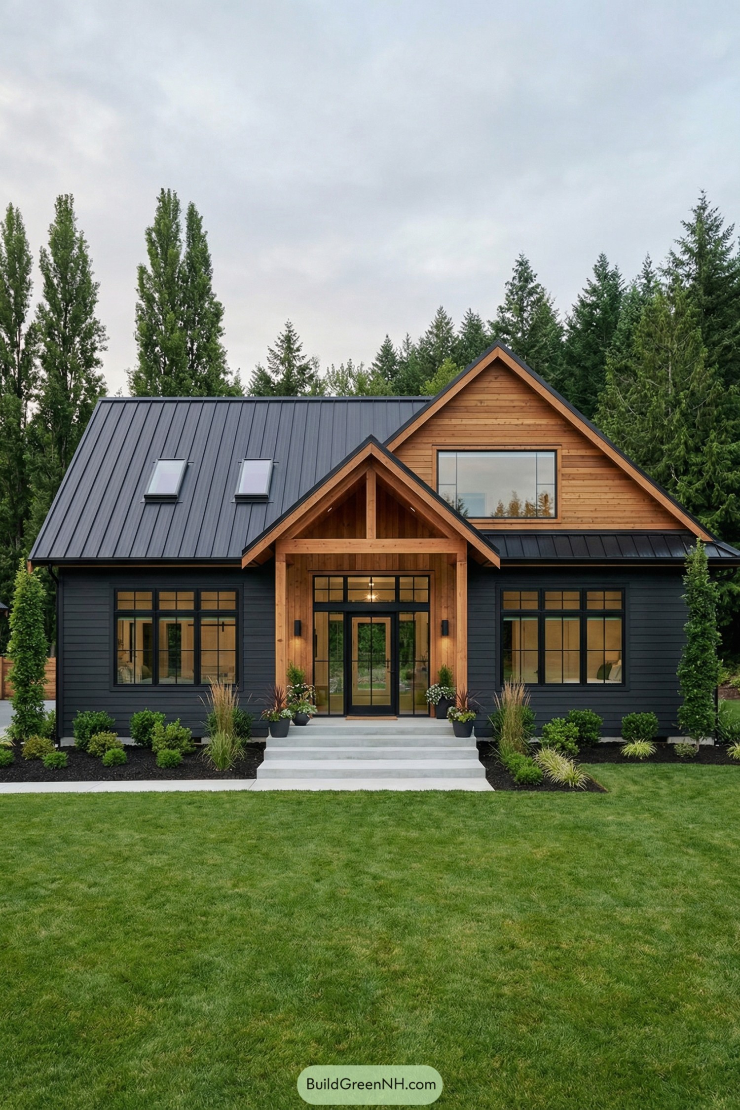 Modern black metal roof house with warm cedar siding and large front windows