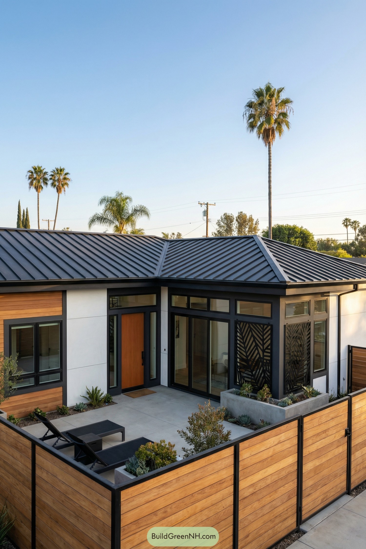 Modern single-story home with black metal roof and private wood-fenced courtyard
