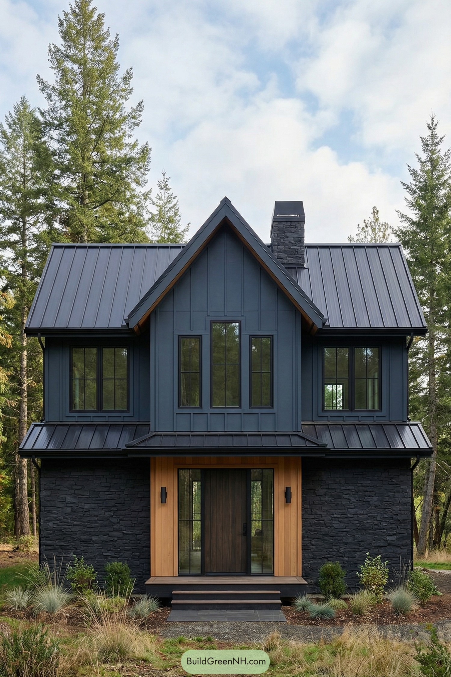 Dark modern cabin-style house with black metal roof, charcoal siding, and warm wood entry set in a forest