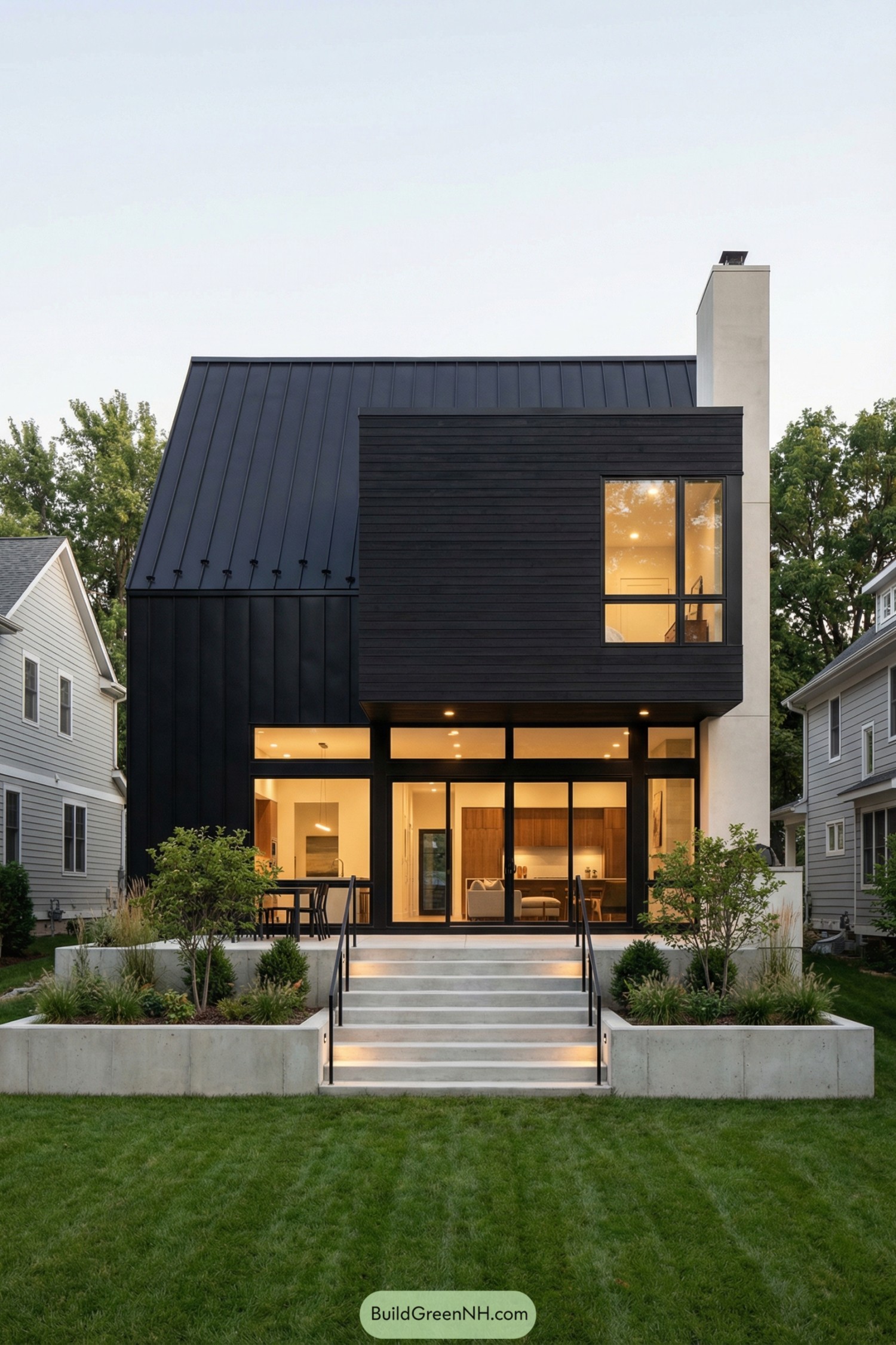 Modern black metal roof home with boxy upper volume and large glass doors opening to a terraced yard